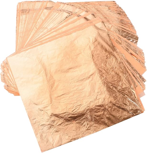 100 Sheets Imitation Gold Leaf Sheets, 14 X 14cm Copper Leaf Sheets Edible Gold Leaf Rose Gold Foil Sheets for Craft,Cakes,Nail Art,Furniture Decoration