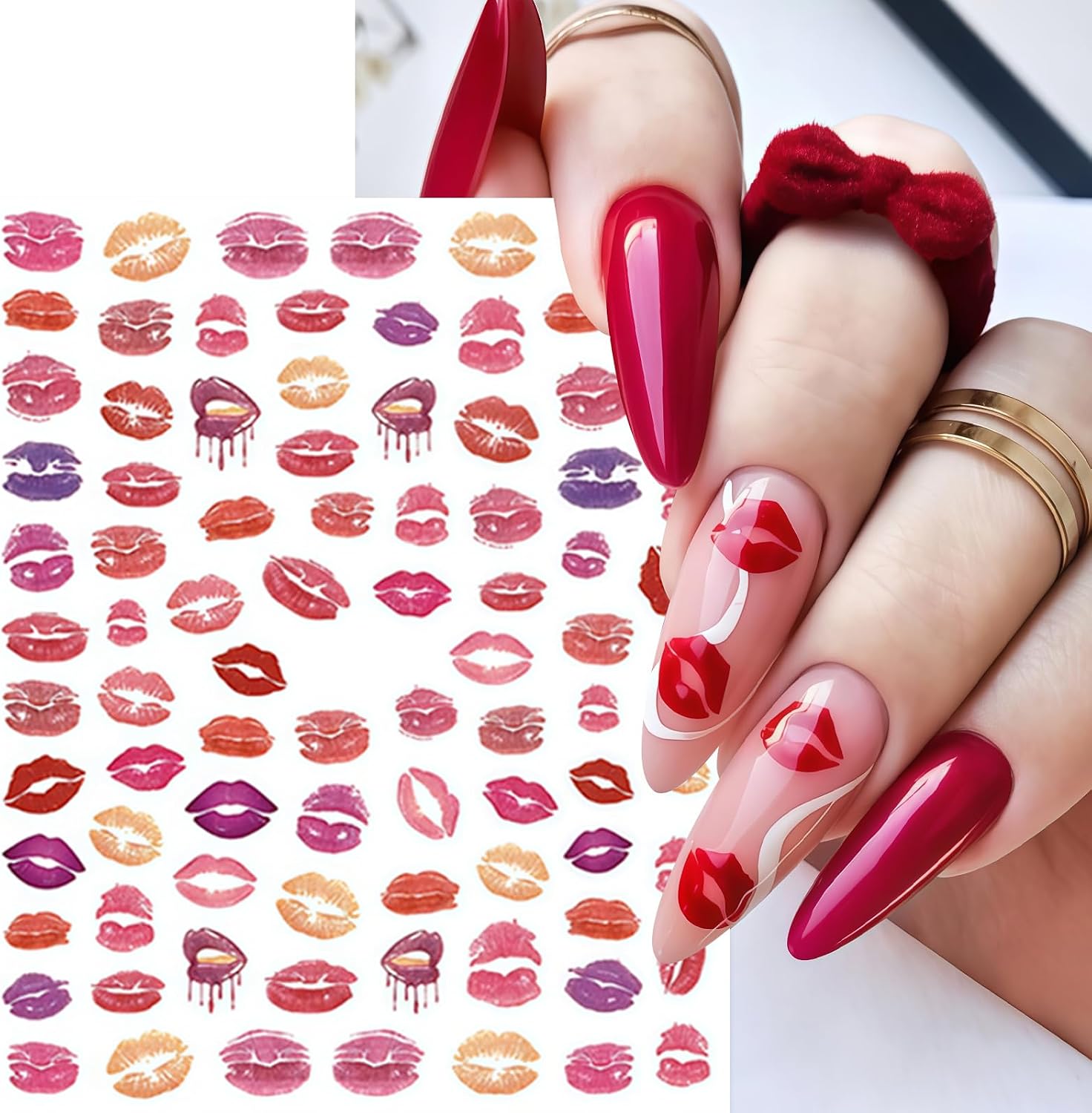 6 Sheets Valentines Day Nail Art Stickers Sexy Lip Nail Decals 3D Self-Adhesive Colorful Lips Nail Supplies Red Lip Heart Love Nail Design Pink Red Heart Lips Manicure Accessories for Women Nail Decor