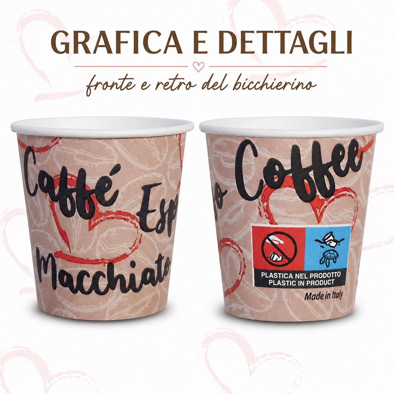 Caffetti 150 Bicchierini Caffè Carta 90 ml Made in Italy, 3 Stecche da 50 Bicchieri Monouso per Espresso, Tazzine Usa e Getta per Bar, Ufficio, Asporto, Bevande Calde, Tema Cuore