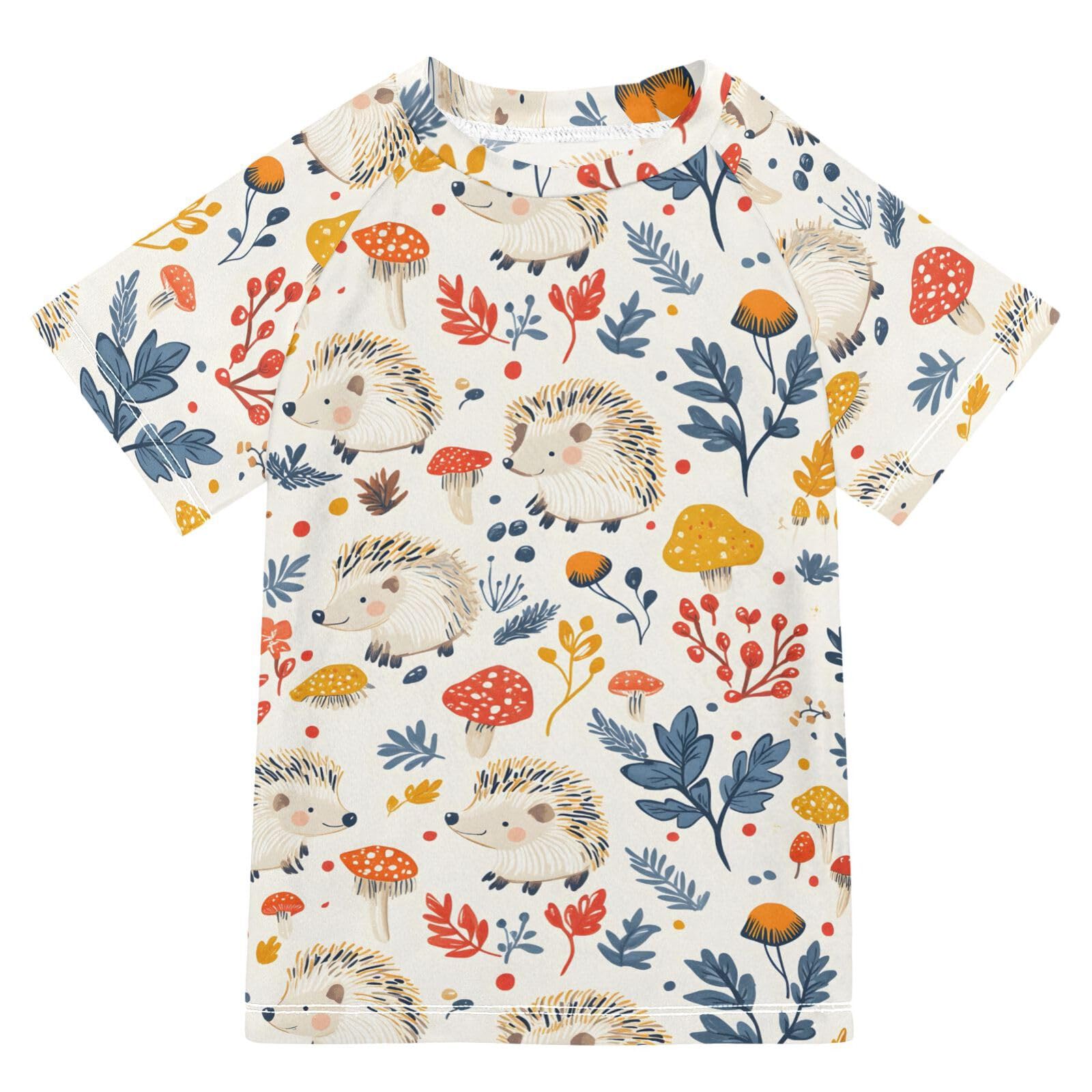 ALAZA Kids Rash Guard Boys Toddler Swim Shirts Short Sleeve Hedgehogs Mushroom UPF 50+ 3T