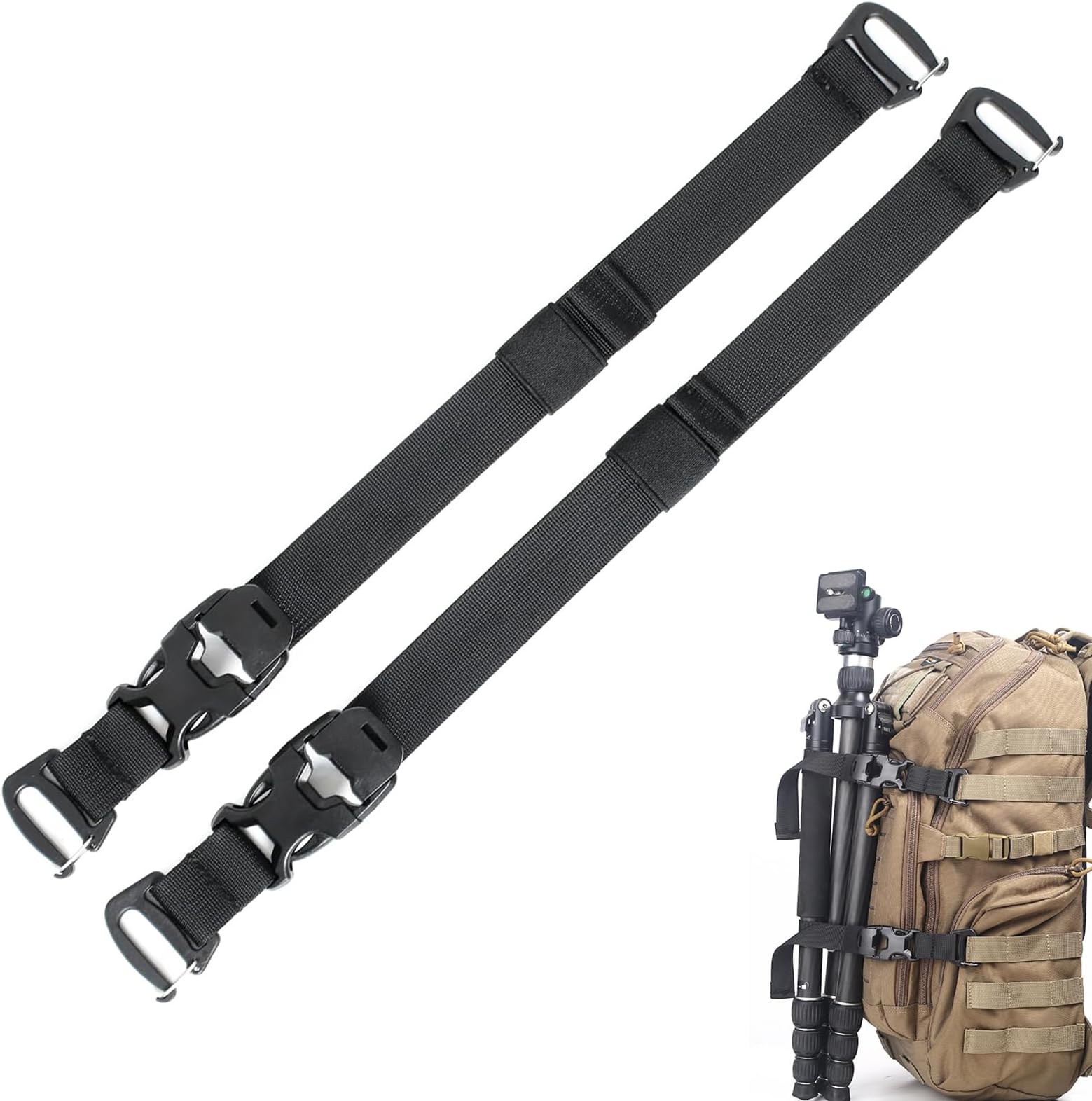 MOLLE Tactical Straps for Backpack - Adjustable 7.5-22 inch Compression Tie Down Straps for Gear, Rucksack, Tripod and Sleeping Bag - Heavy Duty 1000D Nylon (Black, 2-Pack)