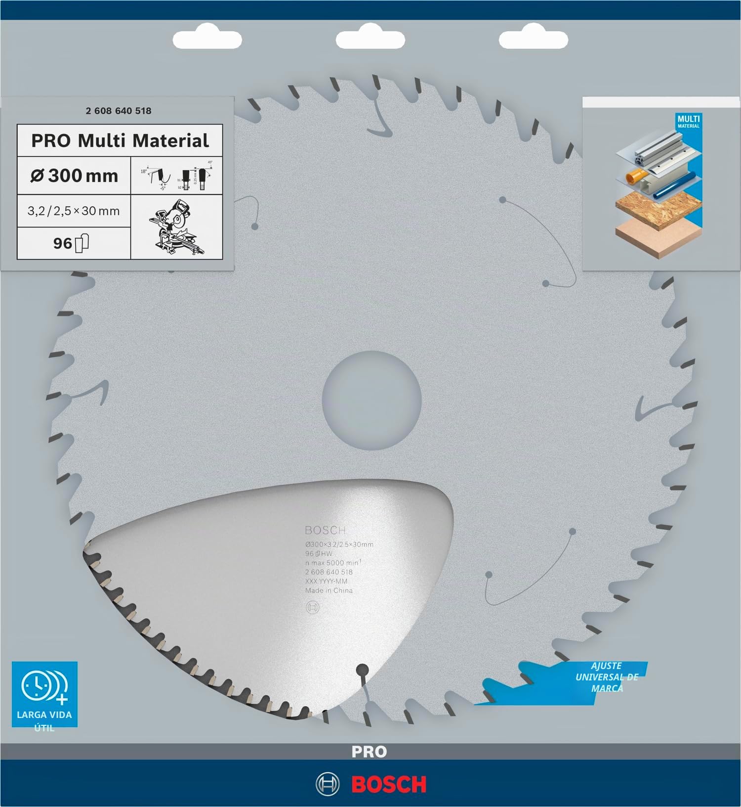Bosch Professional 2 608 640 518 - Disco de sierra circular Multi Material, 96 de dientes, 300 x 30 x 3.2 mm, 1 unidad