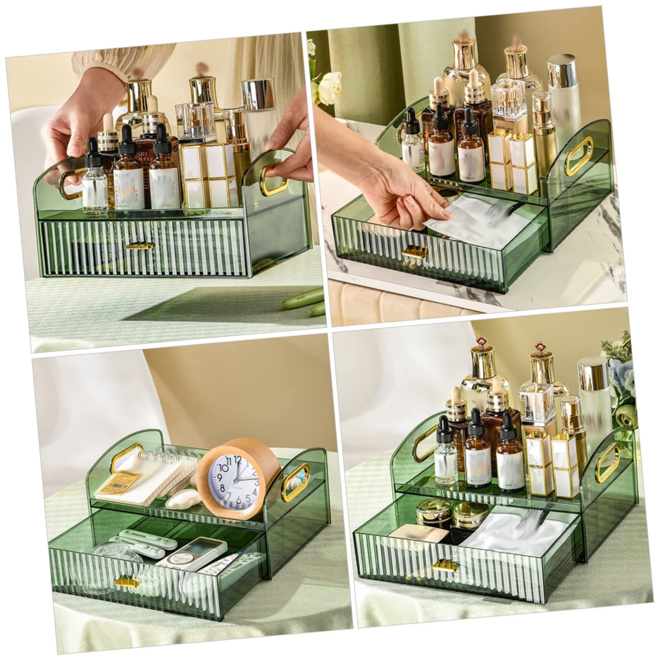 Boîte de Rangement Maquillage Verte PET Tiroir Grosse Capacité