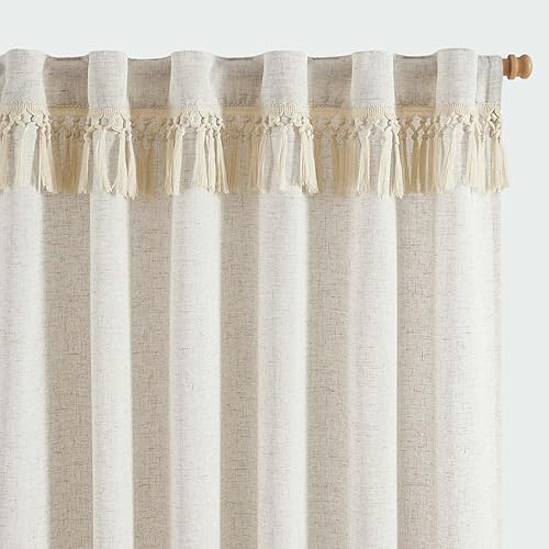 jinchan Linen Curtains for Living Room Bedroom Light Filtering Semi Sheer Curtains Boho Farmhouse French Country Cottage Core Decor Window Drapes Back Tab 84 Inch Length Tassel Beige