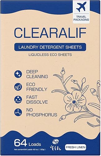 CLEARALIF CLEARALIF - Hojas de detergente para ropa, lino fresco, 64 cargas, tiras de detergente para ropa ecológicas e hipoalergénicas