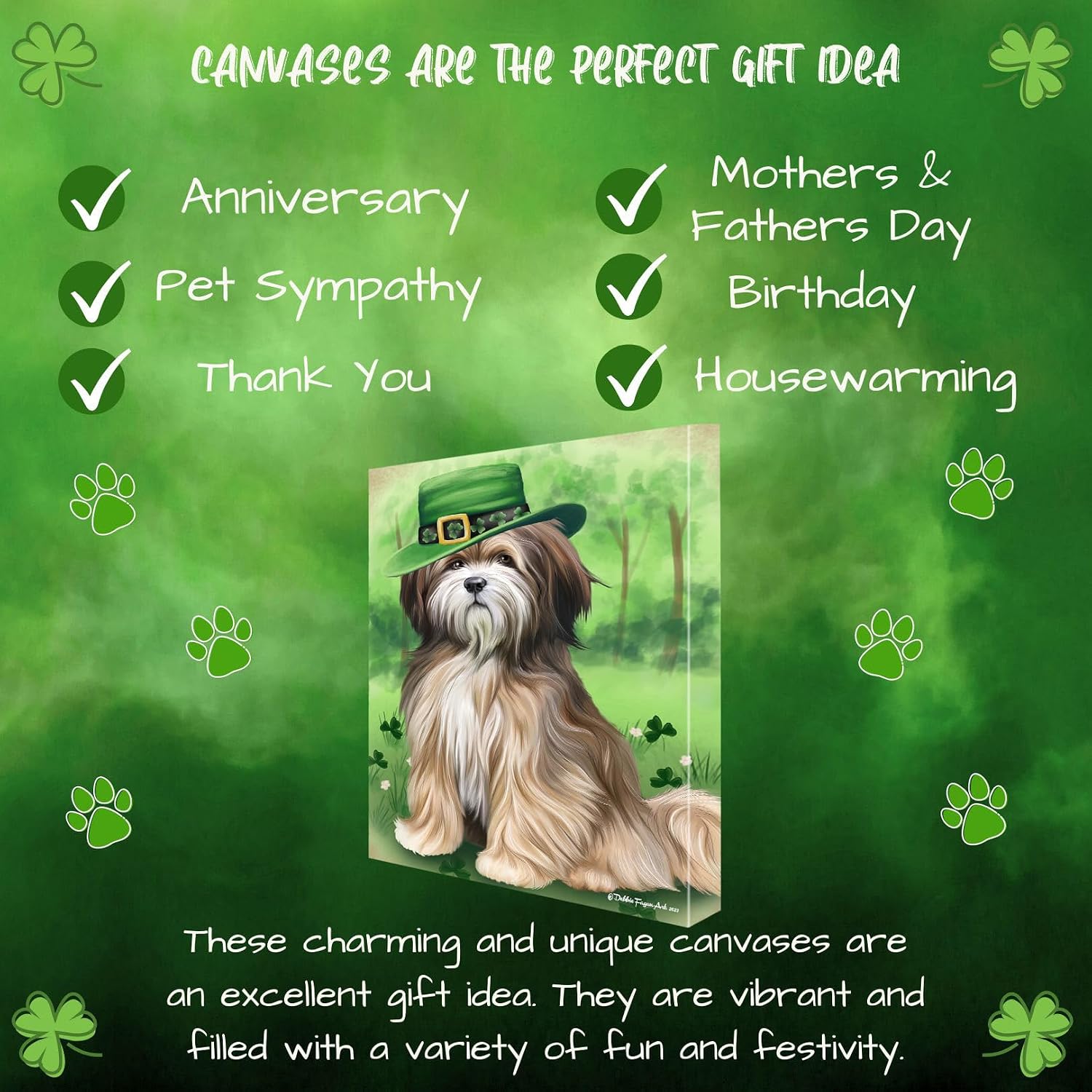 St. Patricks Day with Tibetan Terrier Dogs Canvas Wall Art - Premium Quality Ready to Hang Room Decor - Flat Rolled 11" x 14"