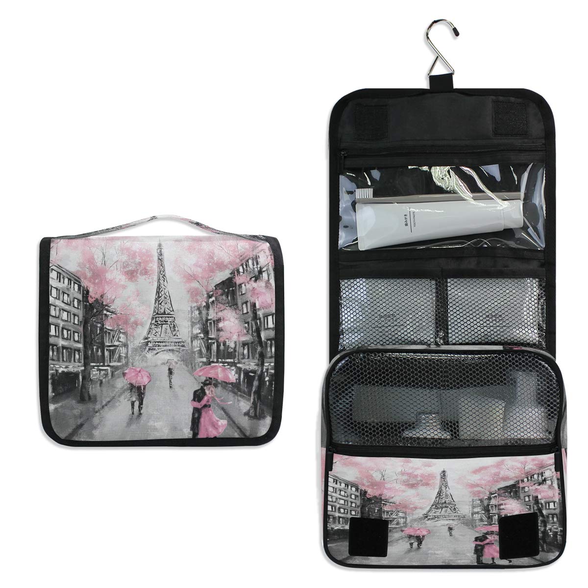 AUUXVA Hanging Toiletry Bag Skull Pineapple Rainbow Basketball Portable Travel Cosmetic Makeup Bag Bathroom Shower Shaving Kit Organizer Bag for Men Women, Pink Paris