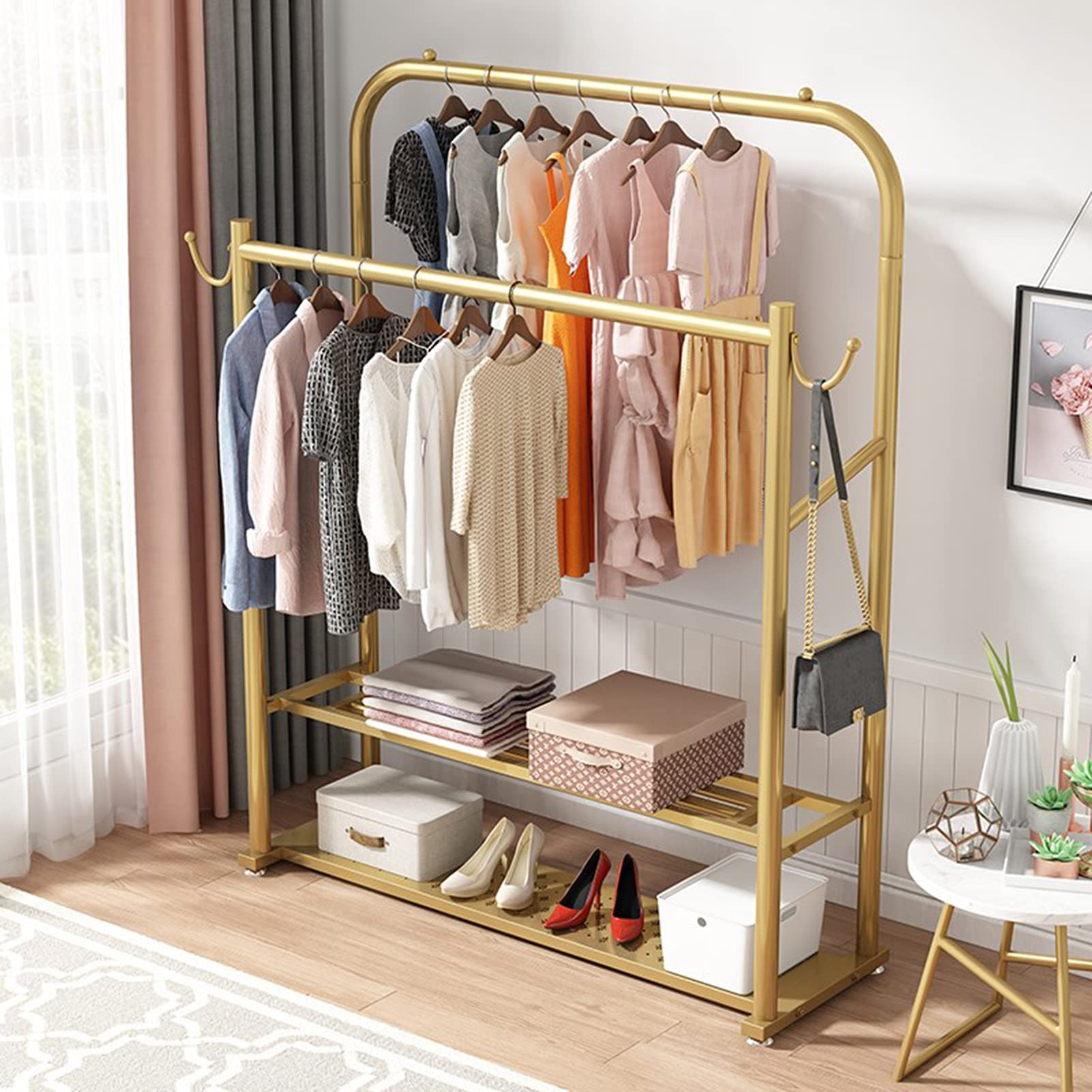 Kleiderständer Doppelschienen Kleiderständer Kleiderständer aus Metall mit 2-stöckigen Regalen Hochleistungs-Kleider-Organisator-Rack für Schlafzimmer-Kleiderständer zum Aufhängen von Kleidung, Gold