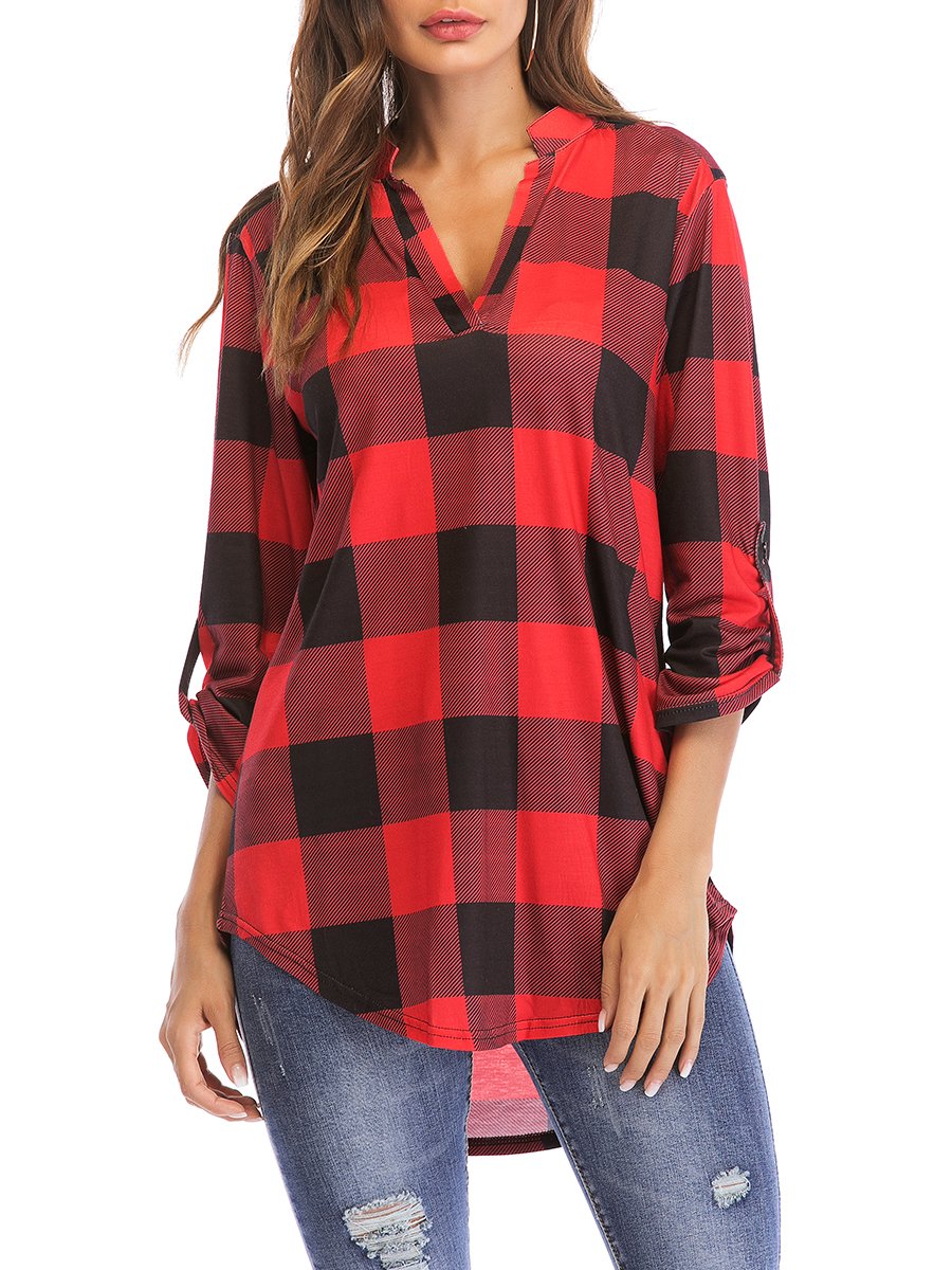 StjubileensSt. Jubileens Women Roll-Up 3/4 Sleeve Plaid Shirt Tunic V Neck Casual Pullover Blouses Tops