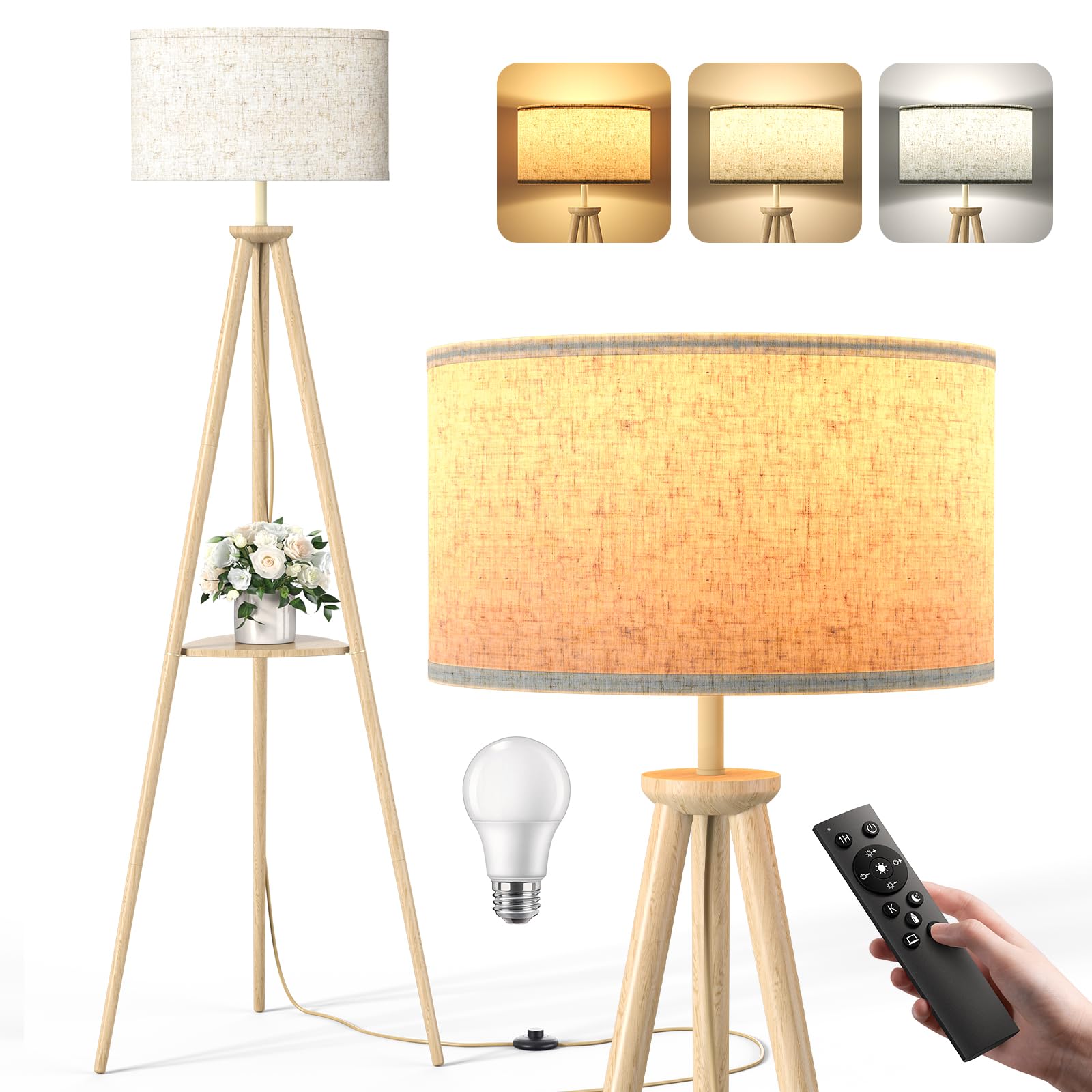 Dreibein Stehlampe Wohnzimmer mit Regal - 12W Holz LED Dimmbar Stehende Lampe mit Fernbedienung & E27 Lampe, Stehend Leselampe für Schlafzimmer, Büro, Hellbraun – Dreieckiges Regal