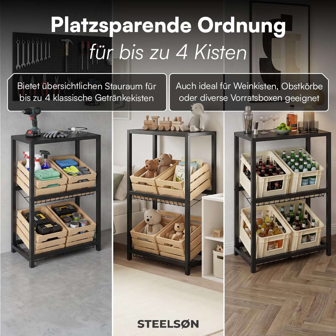 STEELSØN Montune Getränkekistenregal 4 Kisten, Schwarz, mit Ablage, Metall