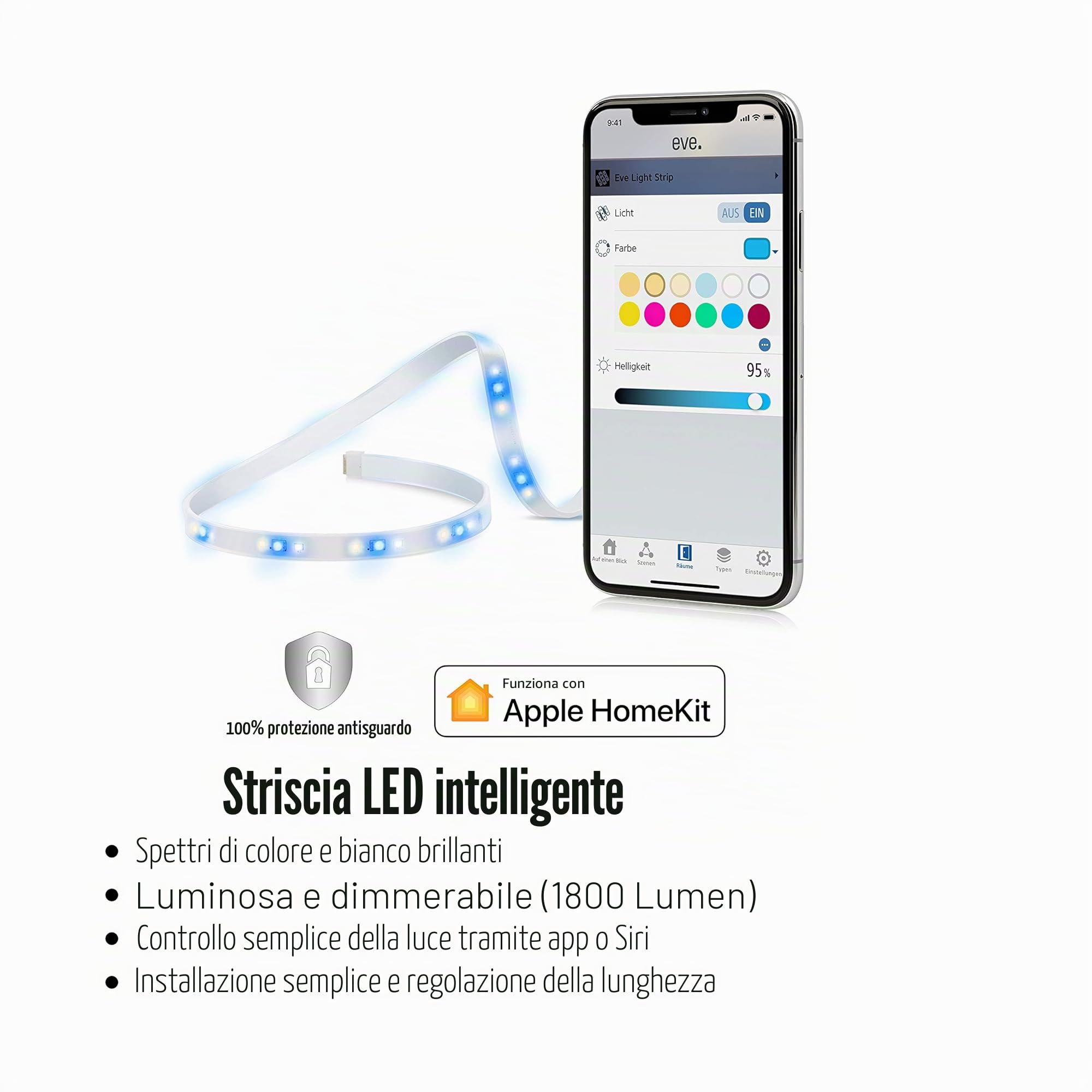 EVE Light Strip - Striscia LED intelligente con tecnologia Apple HomeKit, bianco e colori a spettro completo, 1800 lumen, non richiede hub, Illuminazione adattiva