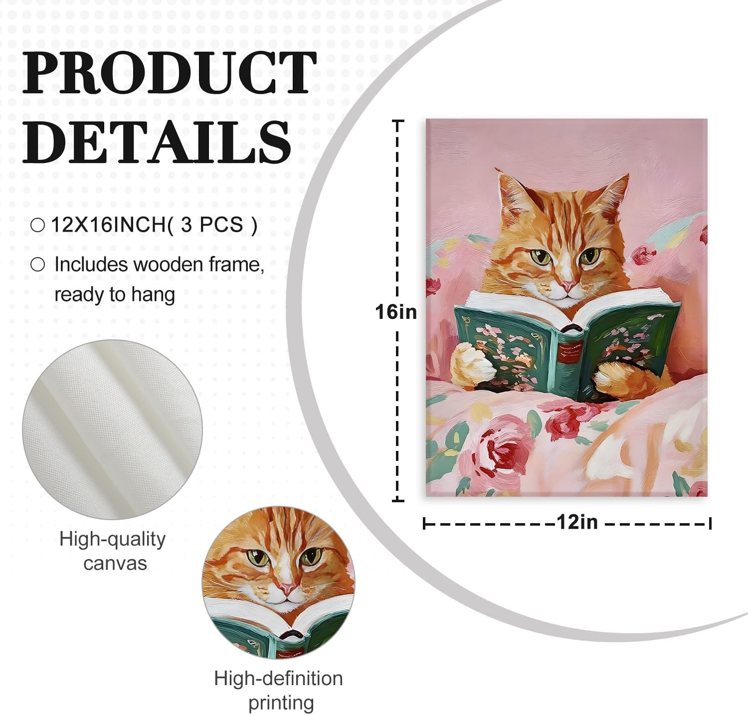 NCCXNCC 3Pcs Cute Cat Reading Canvas Wall Art Fun Animal Reading Books Wall Decoration Artwork Whimsical Cat Paintings Prints Suitable for Bedroom Reading Corner Children's Room 12x16 inch Framed