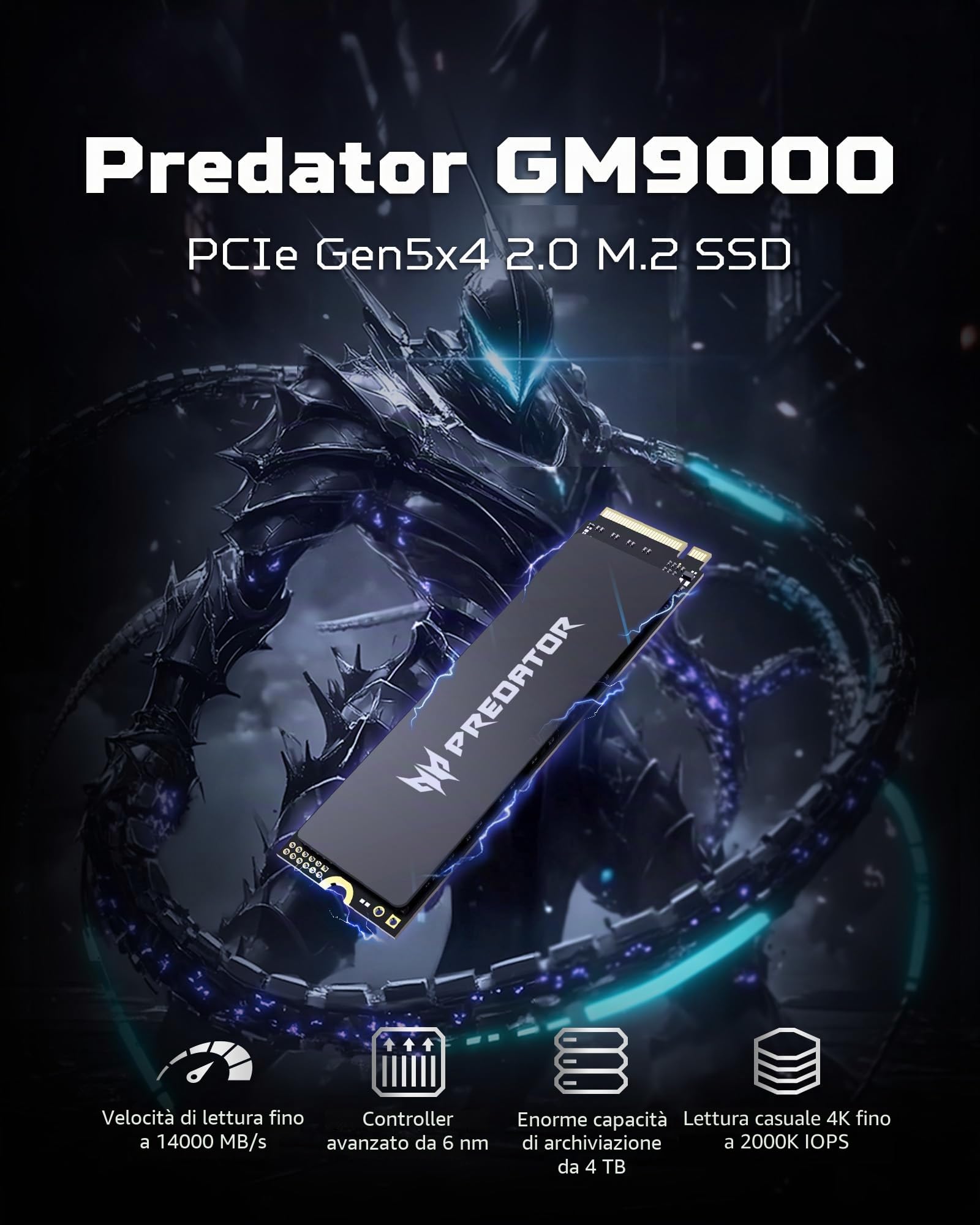 Acer Predator GM9000 SSD M.2 PCIe 5.0 NVMe 4TB 14000 MB/s DRAM | Estreme prestazioni, PC, laptop, PS5, Gaming & editing, Caricamento rapido, AI compatibile