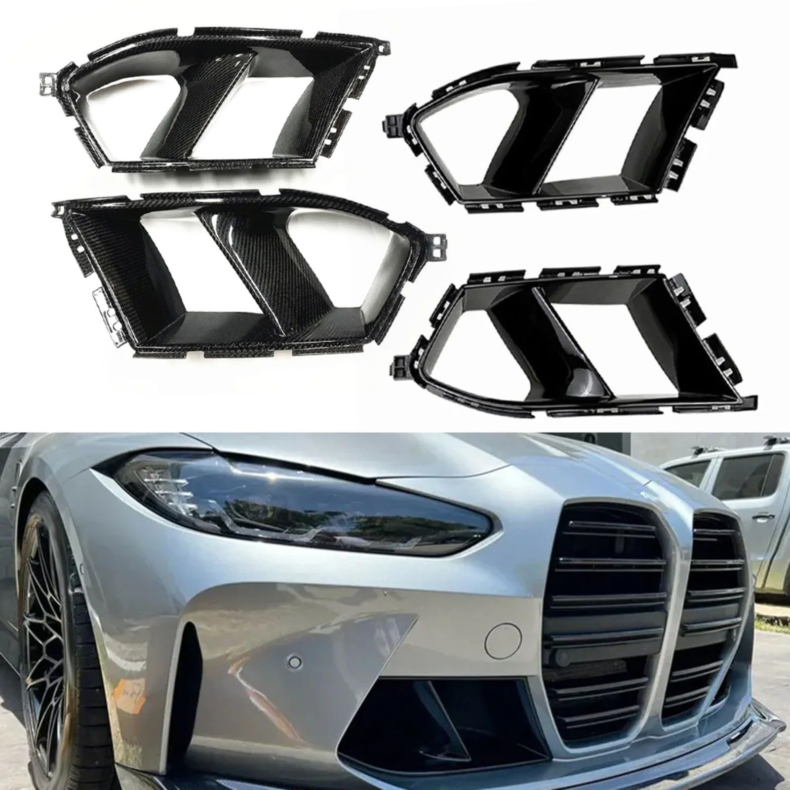 Glänzende schwarze Karbonfaser-Optik Lüftungsschlitzabdeckung für BMW G80 für M3 G82 G83 2021–2024, Frontstoßstange Seitenverkleidung ABS-Kunststoff (Kohlefaser-Optik)