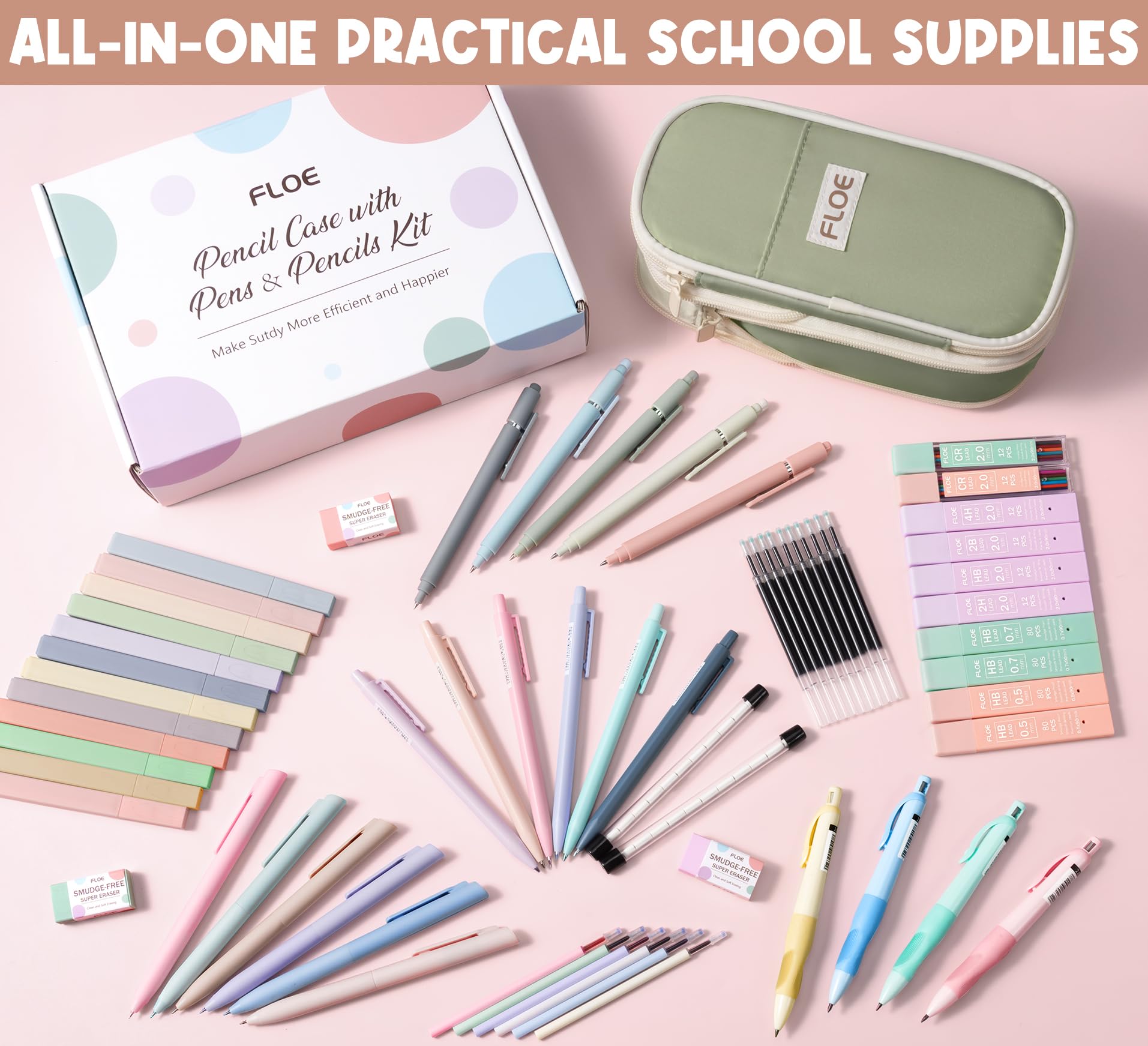Set di 65 articoli estetici per la scuola con grazioso astuccio, evidenziatori pastello penne gel matite meccaniche set 0,5 0,7 e 2,0 mm, forniture per ufficio per il rientro a scuola Kit essenziale