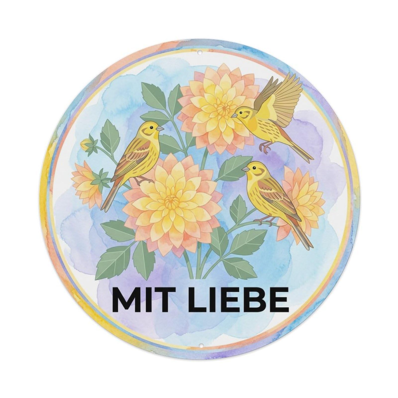 Watercolor Bird Slogan Mit Liebe Dahlia Bouquet Metal Tin Sign