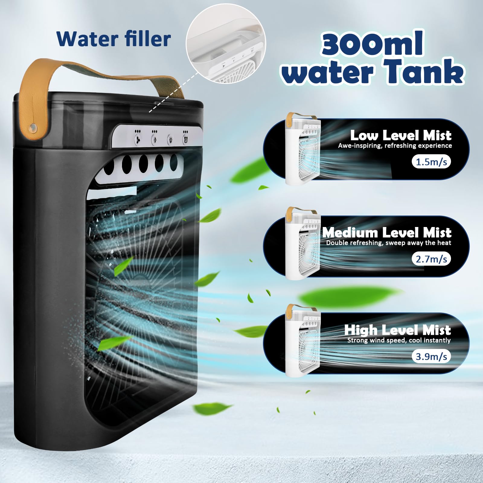 Mini Aire Acondicionado Portatil 4 en 1 Enfriador de Aire Pequeño con 600 ml Tanque, 3 Velocidades, 3 Nebulización, 2-6H Cronometrado, 6 LED Ventilador Refrigerador para Dormitorio Oficina