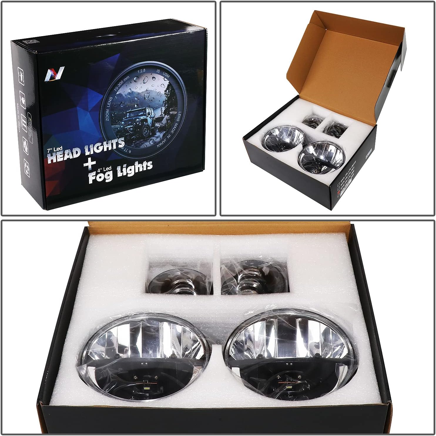 7 Inches LED Headlights High Low Beam + 4 Inches LED Fog Lights Compatible with 07-17 Wrangler DOT Approved, Chrome/Clear Lens, NVL-HL+FL-002