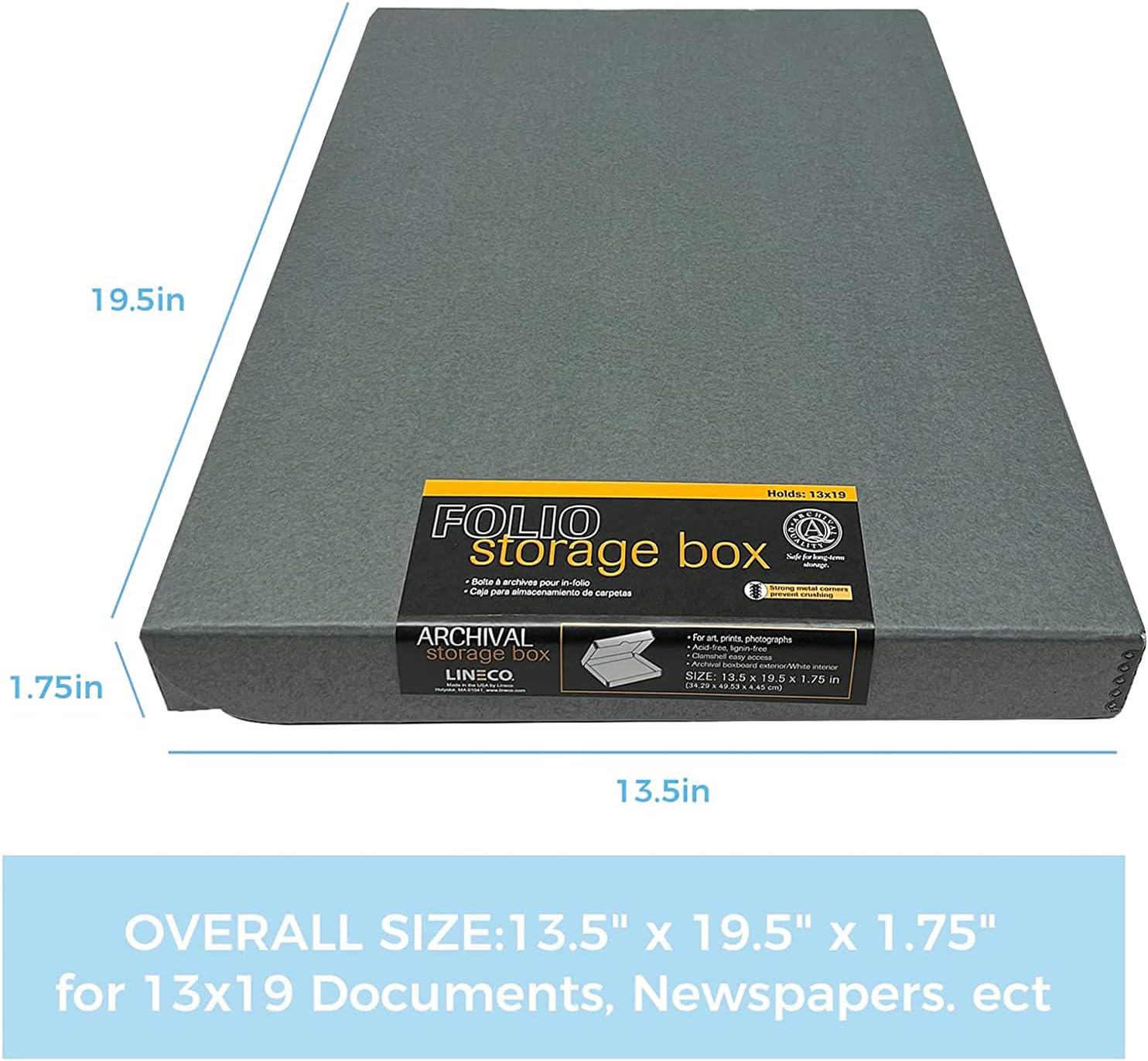 Lineco Folio Storage Box, Clamshell Design with Metal Edge. 13.5x19.5x1.75 Inches, Archival Boxboard, Preserve Photos, Cards, Magazines, Documents, Art, Ephemera, Family Records, Gray, Pack of 10