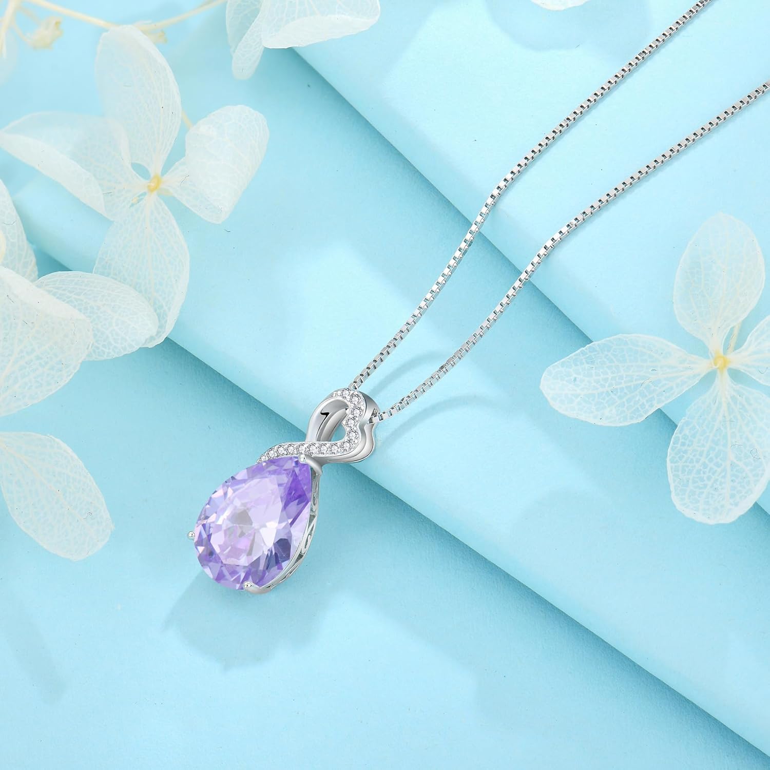 FJ Teardrop Birthstone Necklaces 925 Sterling Silver Pear Cut Pendant Necklace Birthday Jewelry for Women - Image 4