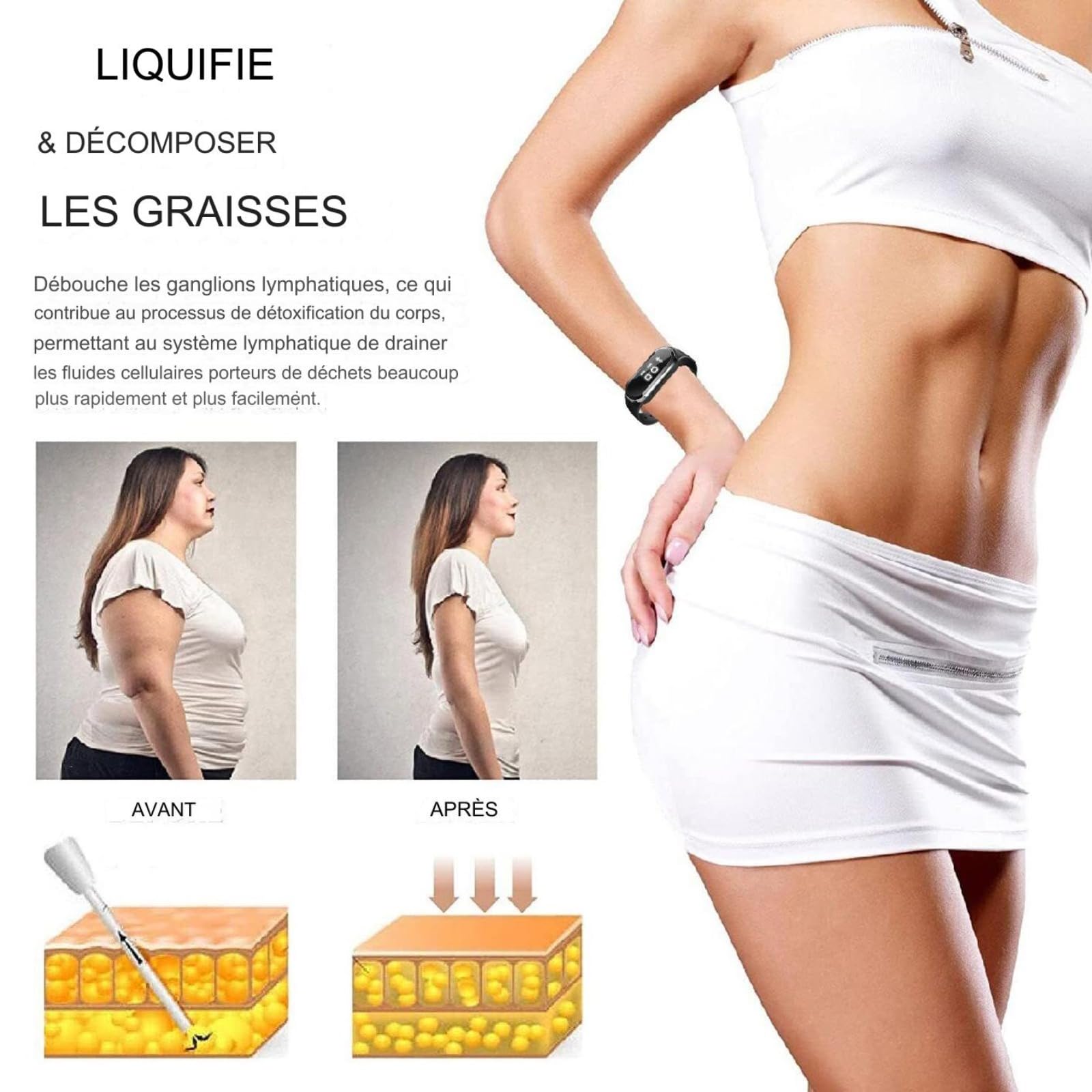 Braccialetto di perdita di peso ad ultrasuoni, orologio intelligente di perdita di peso ad ultrasuoni, braccialetto fitness corpo ad ultrasuoni, regolabile per uomini e donne (bianco)