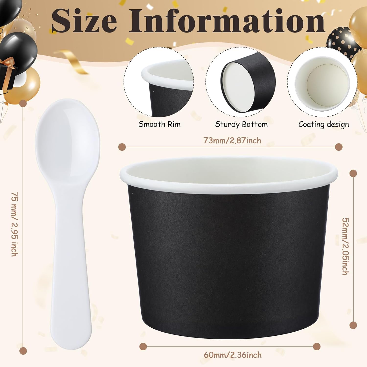 Honeydak 300 Pack 5 oz Kraft Paper Disposable Ice Cream Cups with Spoons Bulk Small Ice Cream Sundae Bowl Treat Dessert Snack Frozen Yogurt Soup Container Wedding Birthday Party Supplies (Black，white)