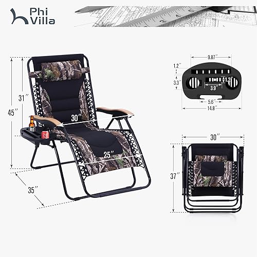 Miniatura 3 de PHI VILLA Juego de 2 sillas acolchadas XXL de gravedad cero, reclinables plegables para patio, asiento antigravedad de 30 pulgadas de ancho