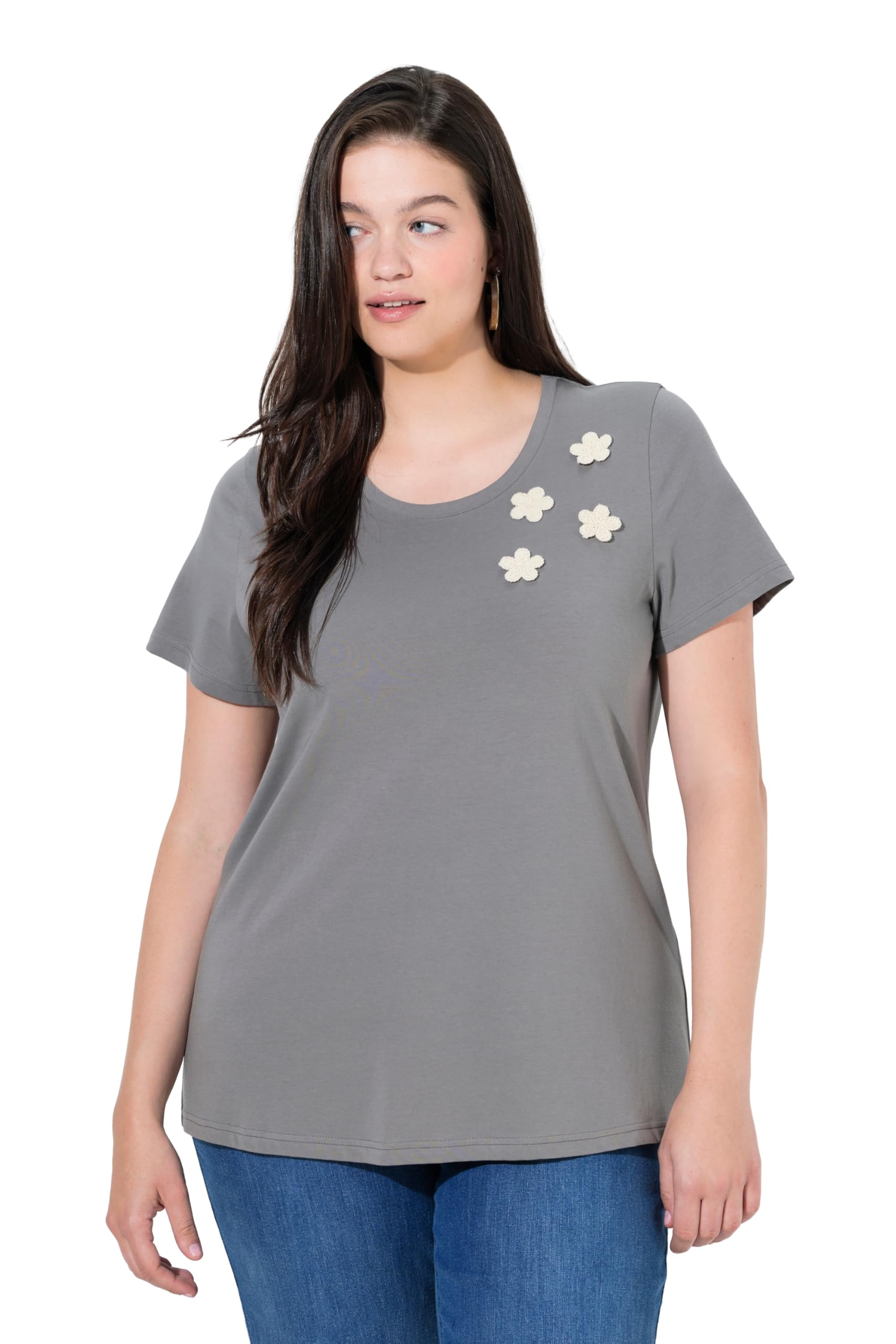 Ulla Popken Damen große Größen Übergrößen Plus Size T-Shirt, Häkel-Blumen, Rundhals, Halbarm, Biobaumwolle 847532
