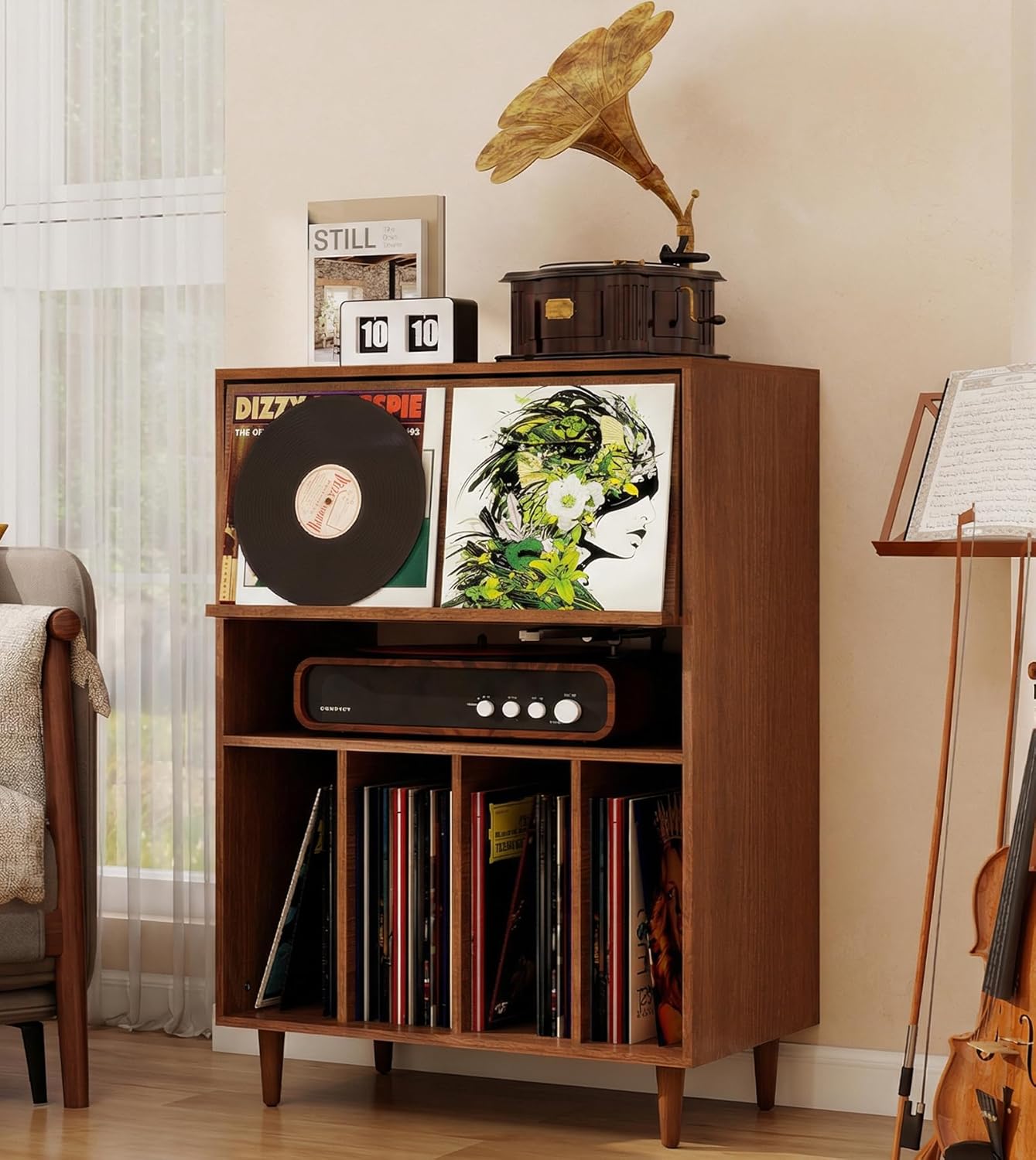 ELECWISH Media Storage Cabinet, Audio-Video Media Stand,Stereo Cabinet with 4 Height-Adjustable Shelves, AV Rack with Glass Doors for Meeting, Living, Recording Room