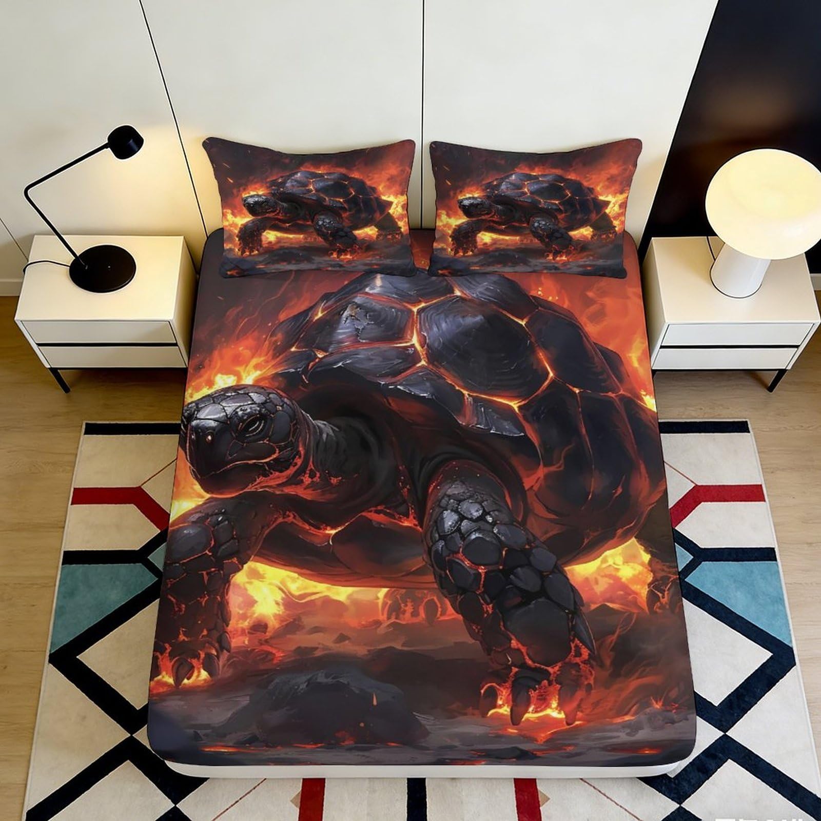 3D Printed Lava Turtle Fitted Sheet Microfiber Soft Breathable Volcano Bed Cover for Bedroom Dorm Mattress Decor 90x200x25cm