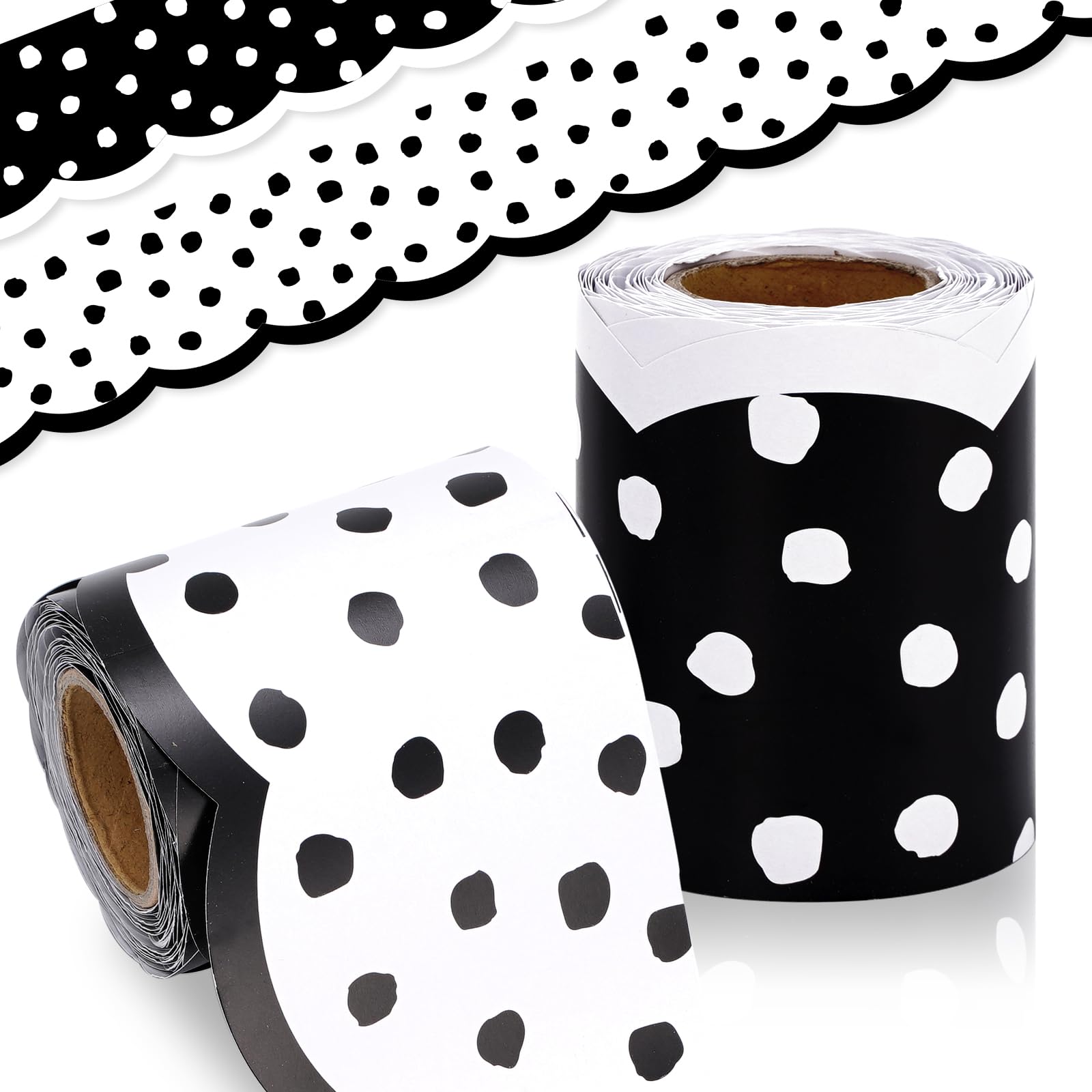 Whaline 65.6 Ft Dot Bulletin Board Borders White Black Dot Die-Cut Rolled Border Trim for Back to School Classroom Office Chalkboard Decoration, 2