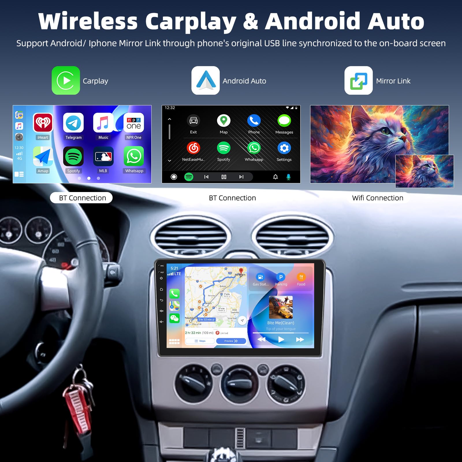 8 core Qualcomm Android 15 Autoradio per Ford Transit 2009-2016/Ford Focus 2005-2008 con Carplay Android Auto ,9" Touchscreen con BT GPS WiFi FM/RDS DSP 3D Car Model Showcase + telecamera posteriore e