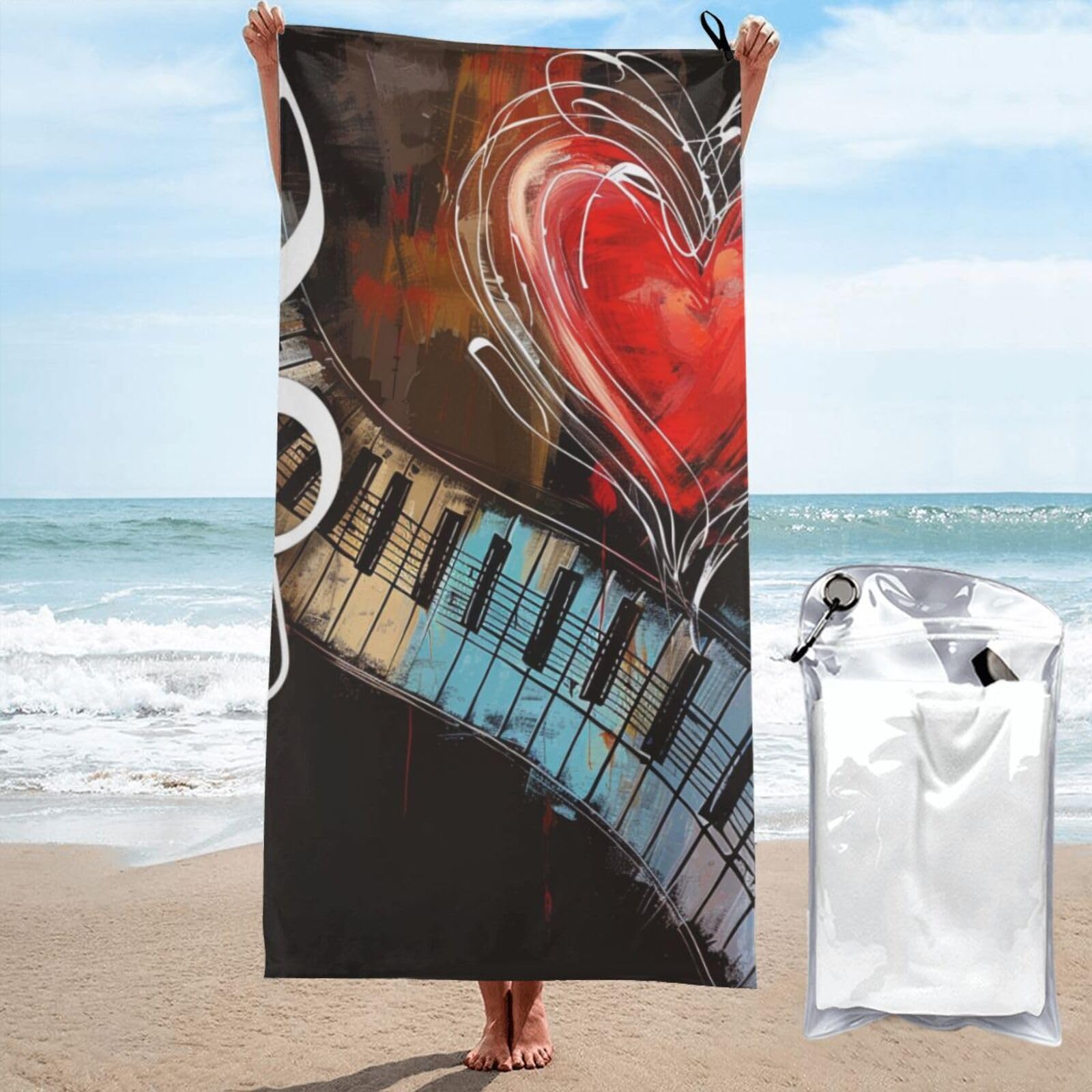 BWWHCCTI Treble Love and Music Printed Microfiber Quick Dry Beach Towel 80x160 CM, Fast Drying Bath Towels with Bags for Travel,Camping,Gym,Beach,Swimming,Yoga