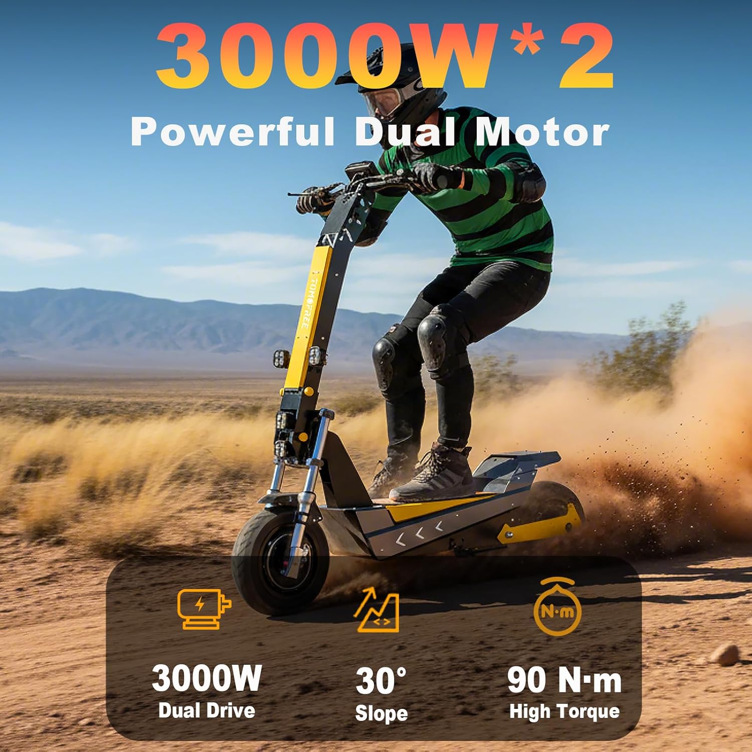 Tomofree L7 Electric Scooter with rider on off-road terrain, highlighting dual motor power.