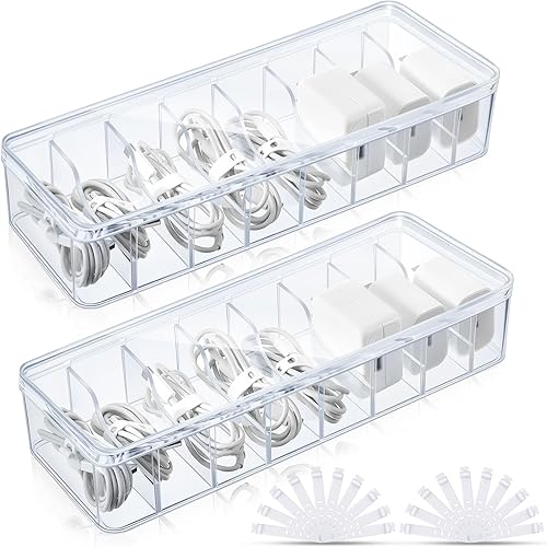 Tatuo Caja organizadora de cables de 2 piezas con lazos de alambre, caja de almacenamiento de cables de plástico con tapa, organizador de
