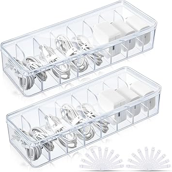 Tatuo 2 Pcs صندوق منظم الكابلات مع روابط سلكية، صندوق تخزين الحبل البلاستيكي مع غطاء، منظم إلكترونيات لمنظمي المكاتب المنزلية وملحقاتها واضح