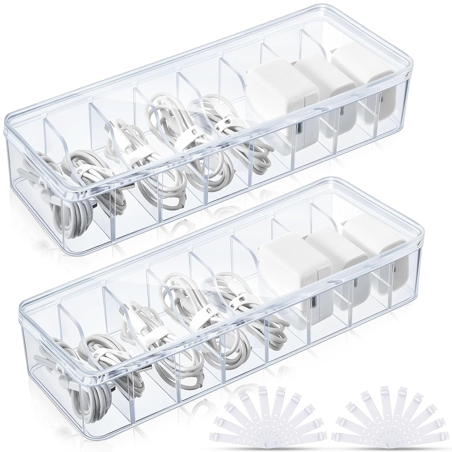 Tatuo 2 Pcs Cable Organizer Box with Wire Ties Plastic Cord Storage Box with Lid Electronics Organizer for