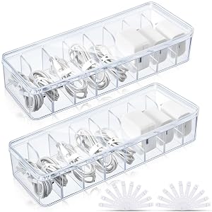 Tatuo 2 Pcs Cable Organizer Box with Wire Ties Plastic Cord Storage Box with Lid Electronics Organizer for