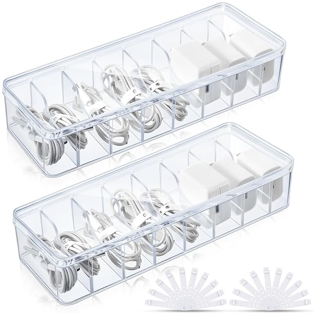 Tatuo 2 Pcs Cable Organizer Box with Wire Ties Plastic Cord Storage Box with Lid Electronics Organizer for