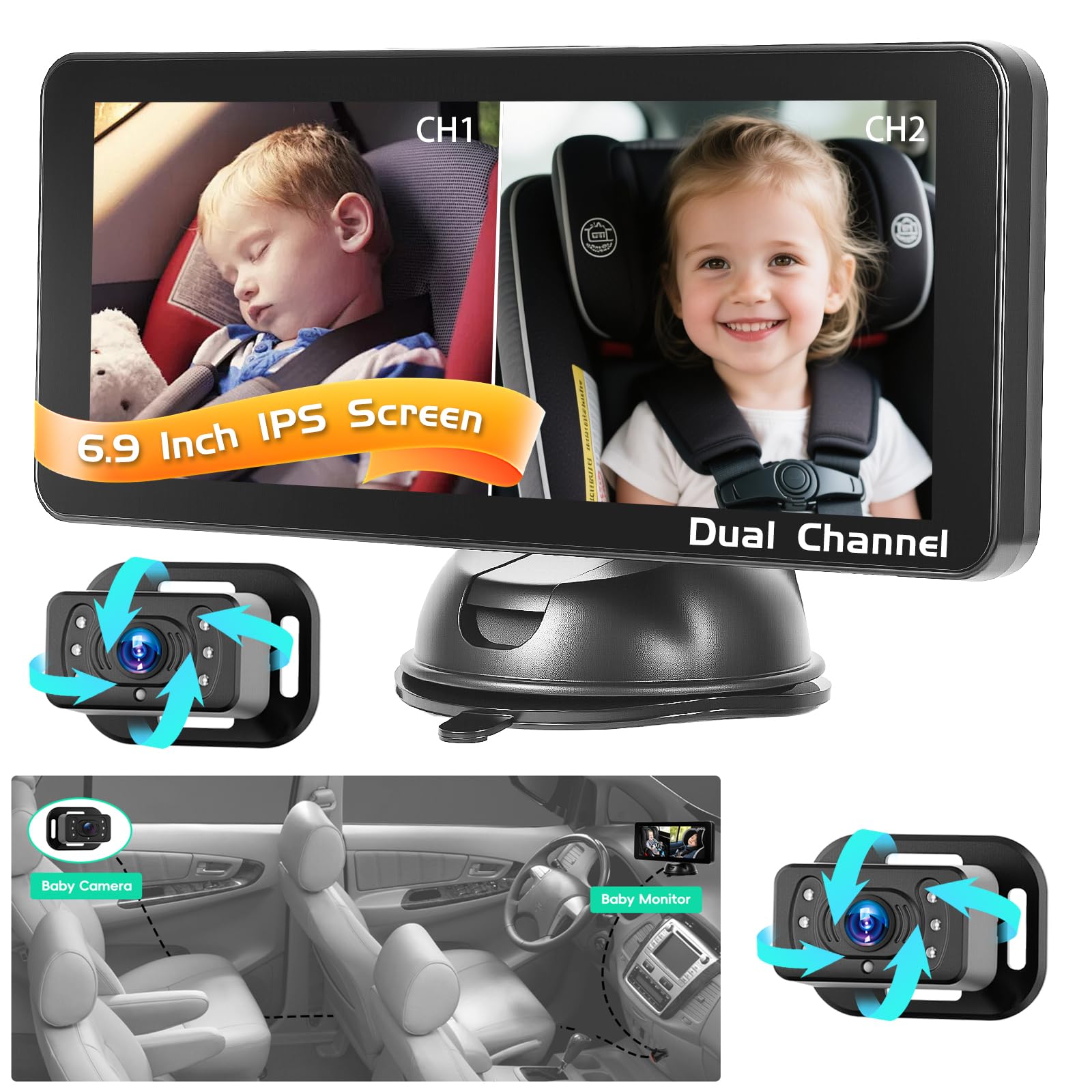 Inefala Cámara para Bebé para Coche Canal Doble para 2 Niños, Pantalla Dividida de 6,9", Pantalla Ultra Ancha HD con Cámaras Duales, Fácil Instalación, Cámaras de Visión Nocturna 360° Giratorias