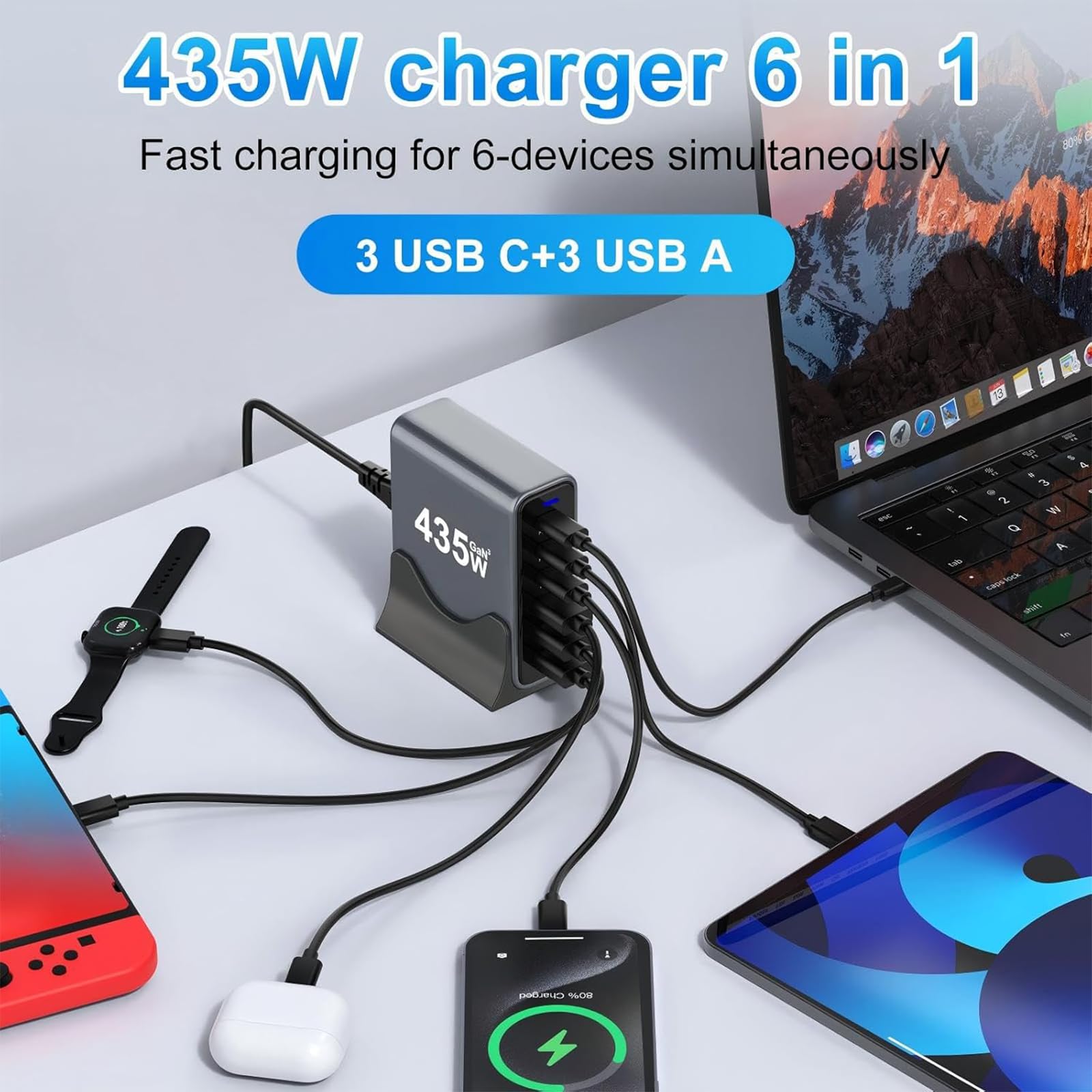 GaN3 Chargeur USB-C 435 W, 2 x 140 W PD3.1 + 65 W PD3.0 + 3 x 30 W QC4+ (3 USB-C + 3 USB-A), pour MacBook Pro 16", pour iPad Pro, pour iPhone 15, pour Samsung Galaxy S24, pour Dell XPS, ordinateurs