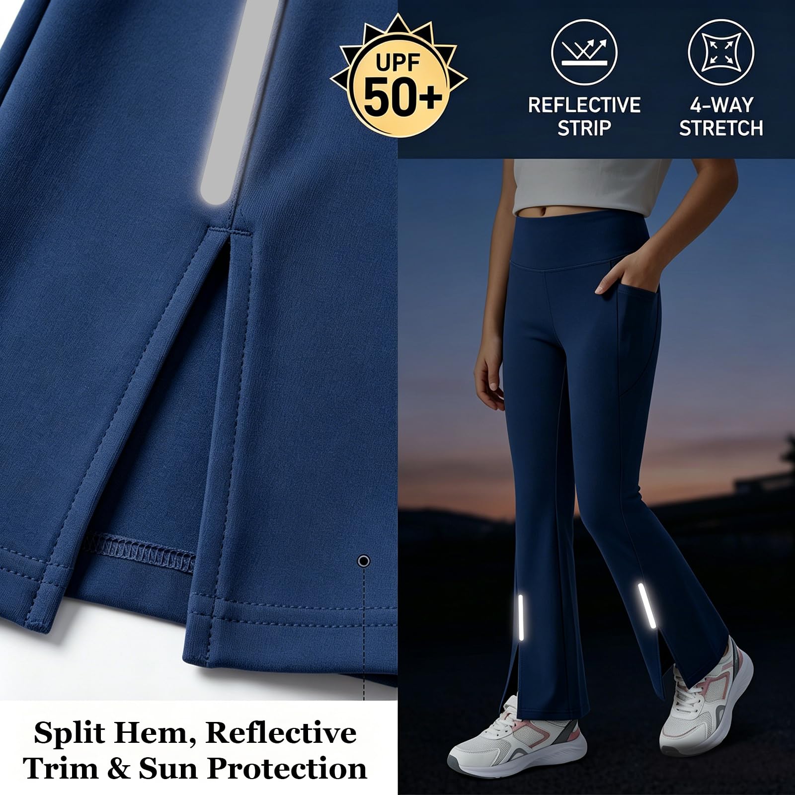 Mädchen Sportleggings mit UPF 50 Sonnenschutz Schlaghose mit Reflektierende Streifen und Taschen Flared Sporthose Atmungsaktiv Tanz Training Leggings Leicht Hosen für 7-15 Jahre