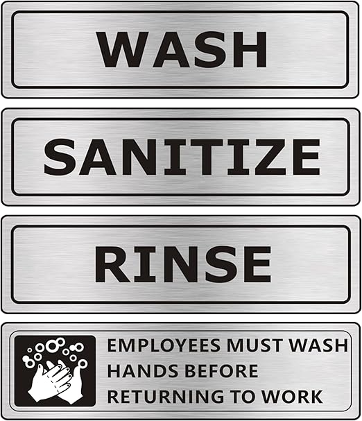 (4 PACK) Wash Rinse Sanitize Sink Labels Signs Stickers with Employees Must Wash Hands Sign, Self-adhesive Waterproof Aluminum Metal Sign for Restaurant Kitchen Sinks (7x2 inch, Brushed Nickel/Black)