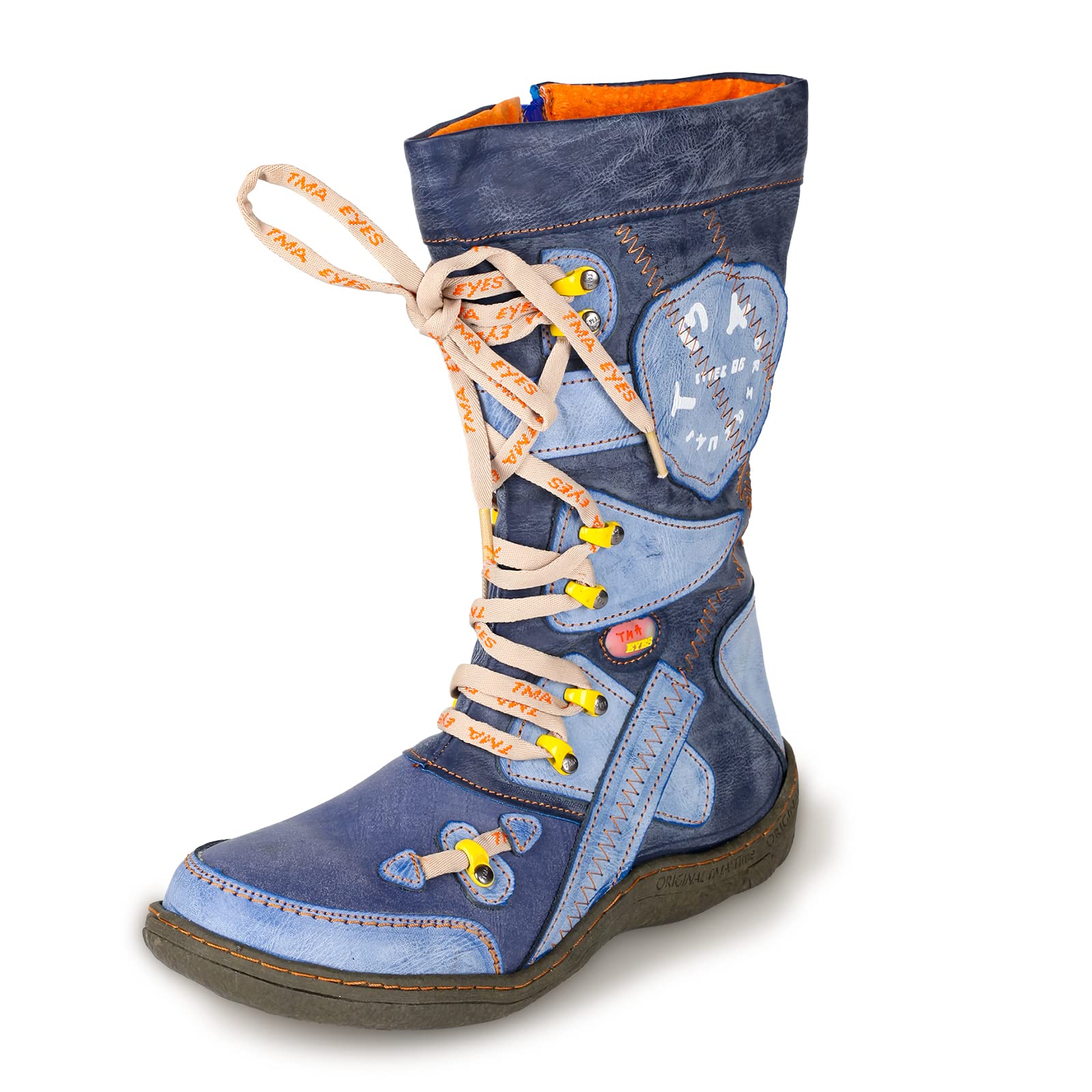 TMA EYES Patchwork Stitch-Detail PU Leather Mid-Calf Womens Boot