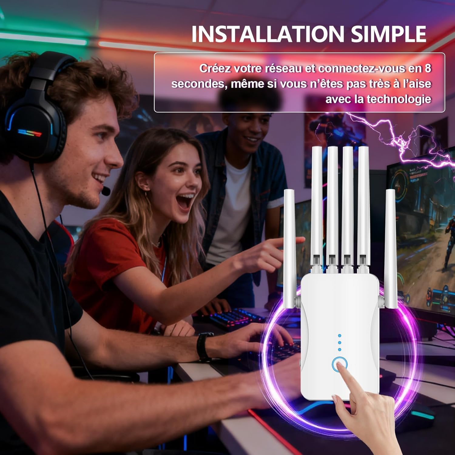 Repeteur WiFi Puissant, Amplificateur WiFi, Répéteur WiFi avec 6 Antennes, Modes (Répéteur, AP), Couverture jusqu'à 9000 pi², pour la Maison et Le Bureau, Installation Facile