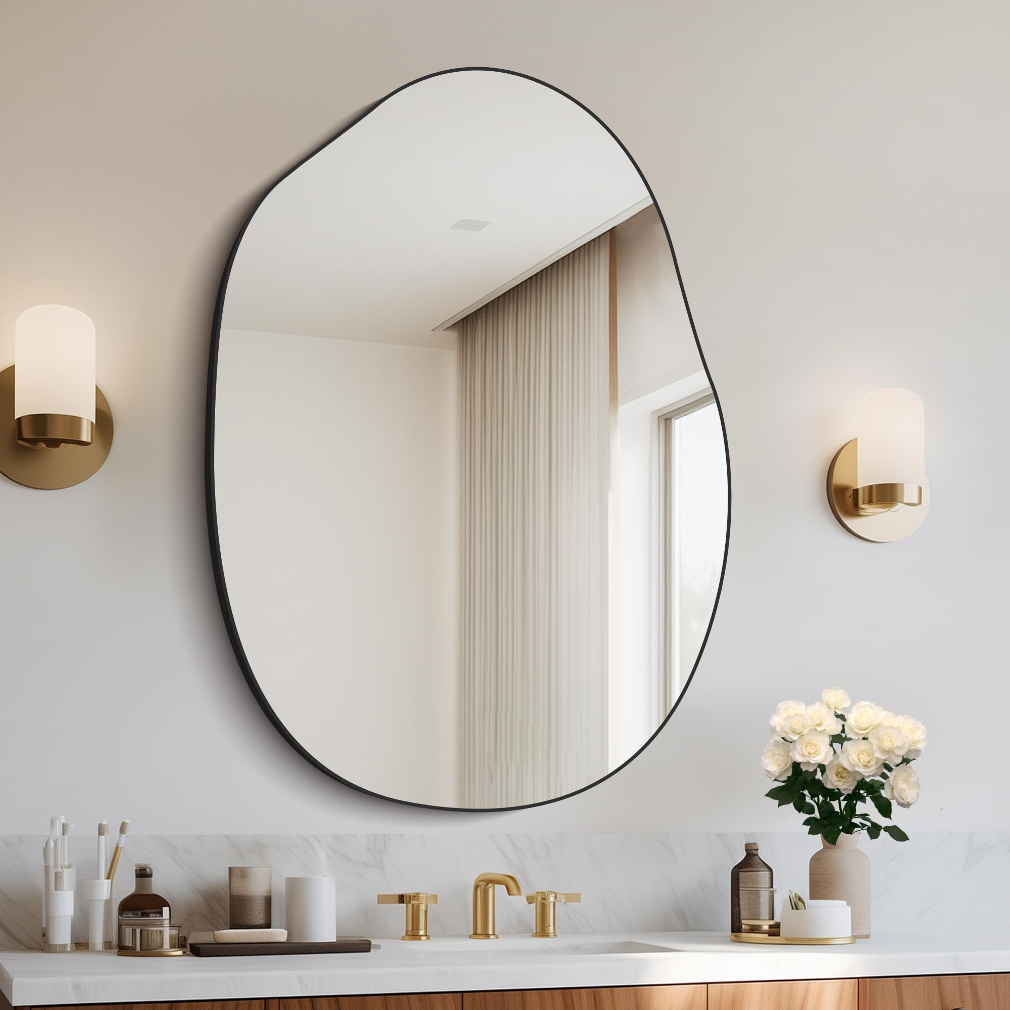Irregular Wall Mirror, Black Asymmetrical Mirror For Wall, Modern Wood Frame Unique Vanity
