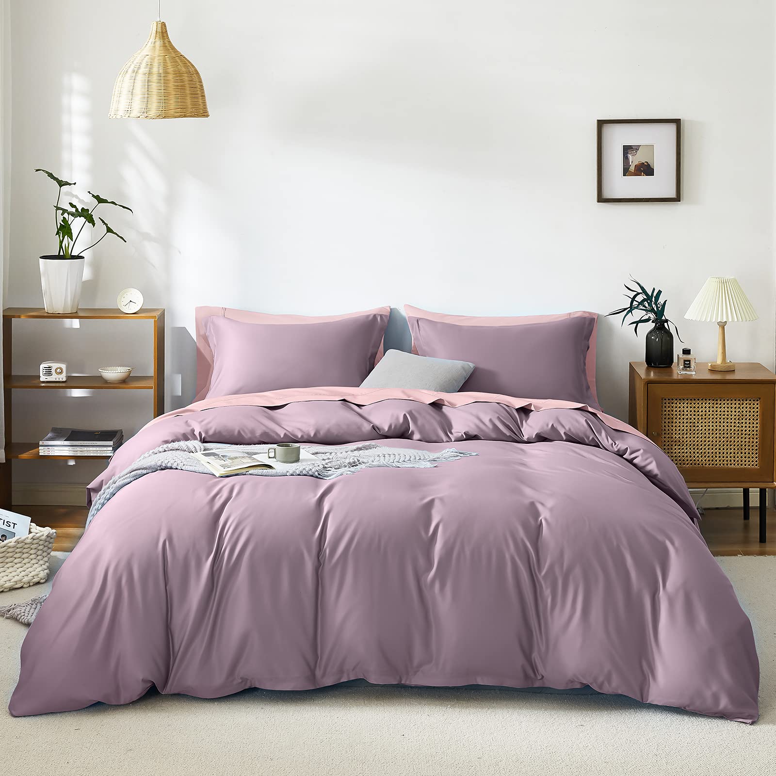 Rose Lake Duvet Cover Set Queen Size Comforter Cover, Soft Microfiber Silky Double Sided Dual Material with Zipper Closure, 3 Pieces Set(1 Duvet Cover 90x90 inches + 2 Pillow Shams)- Grayish Purple