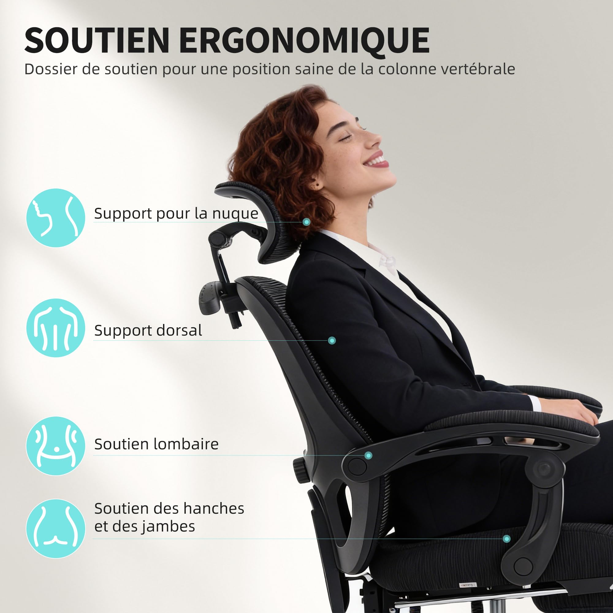 HOMCOM Chaise Bureau Ergonomique, Fauteuil de Bureau en Maille Noir