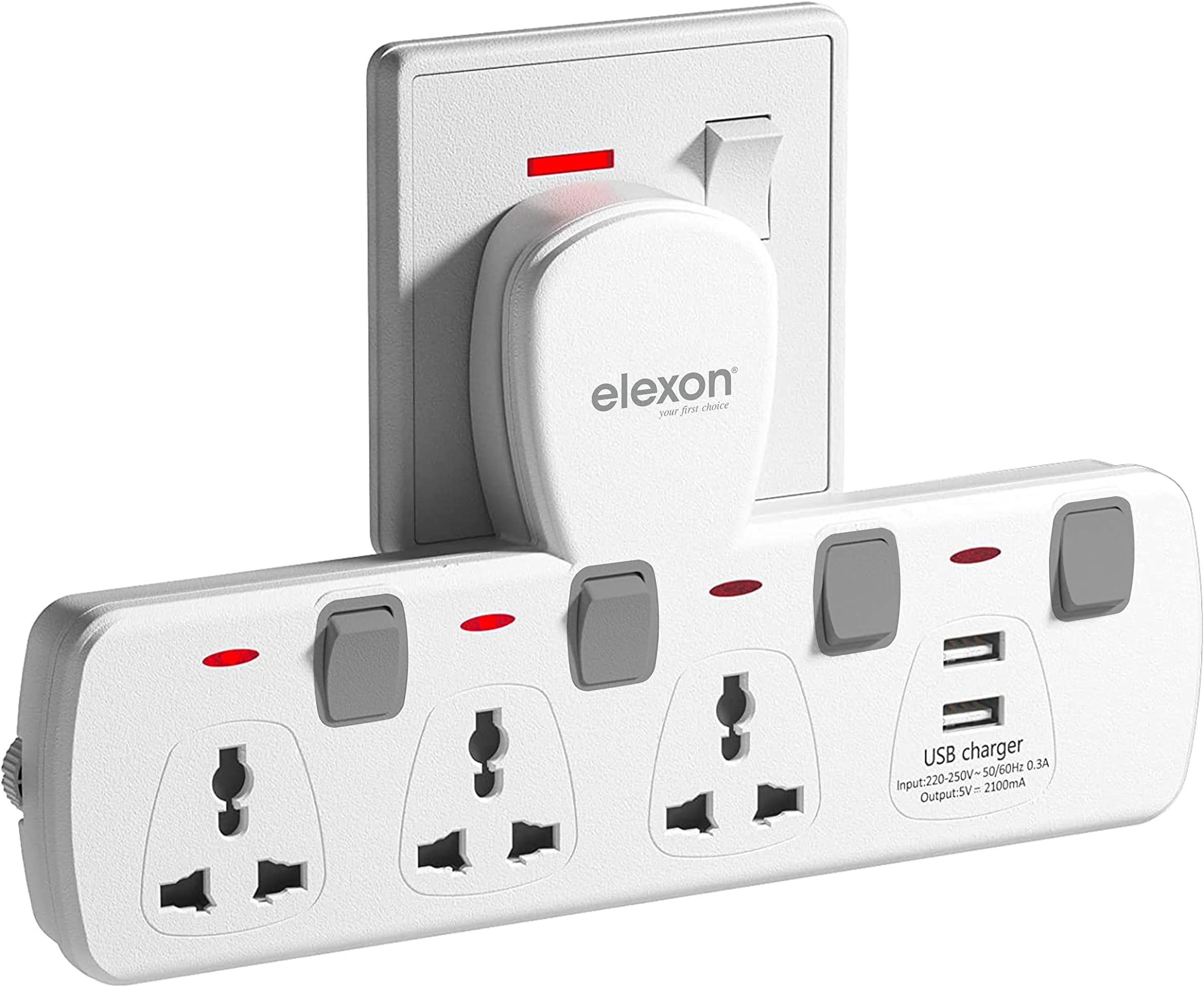 Elexon EL 7304U,T Socket Universal Extension Power Adapter with 2 USB, Wall Socket 3 Way Electrical Outlet Adaptor, 3 Pin Electric Sockets for Home, Office (White)